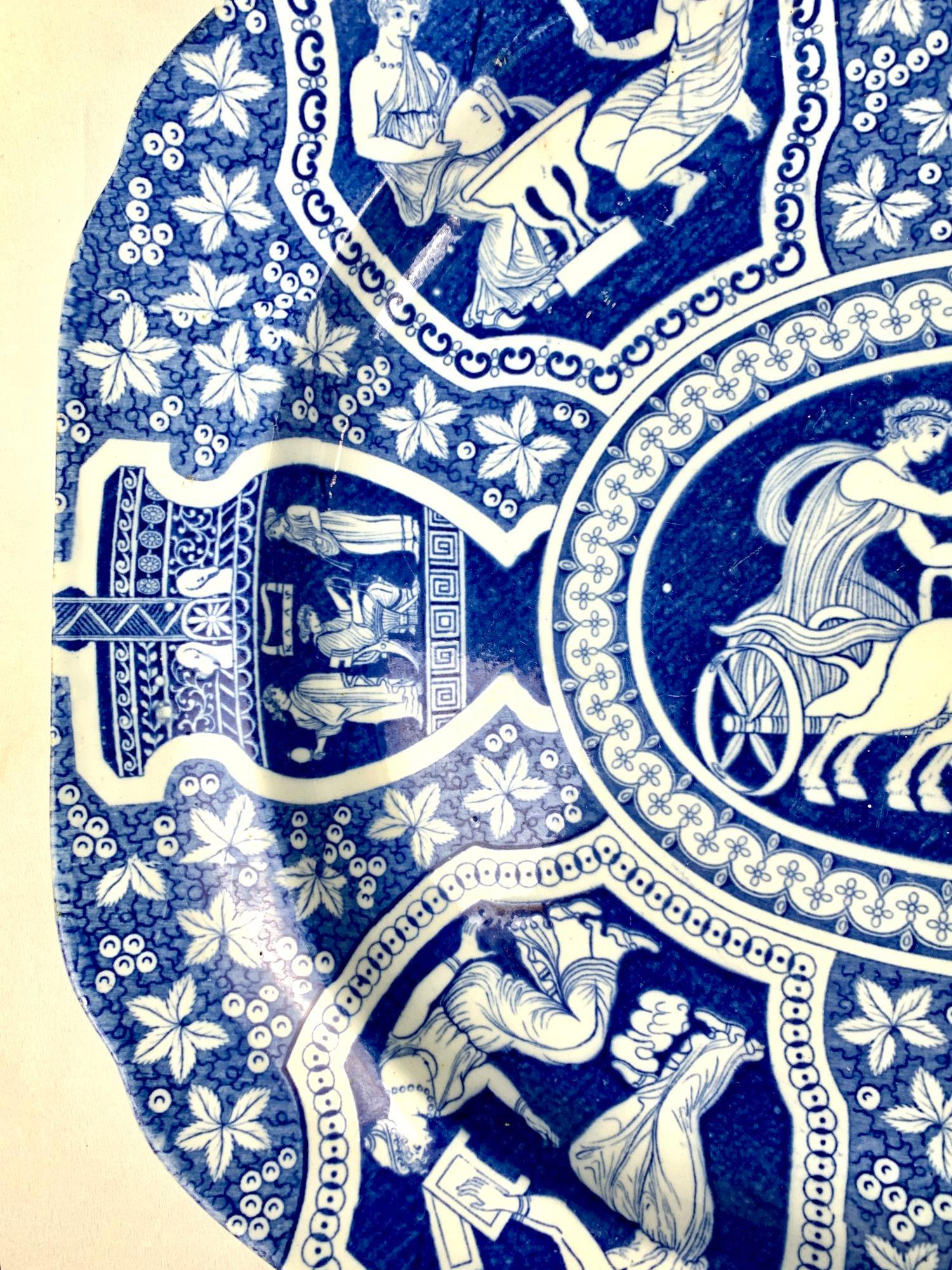 English Pair Large Blue and White Spode Greekware Platters England C-1810 Neoclassical For Sale