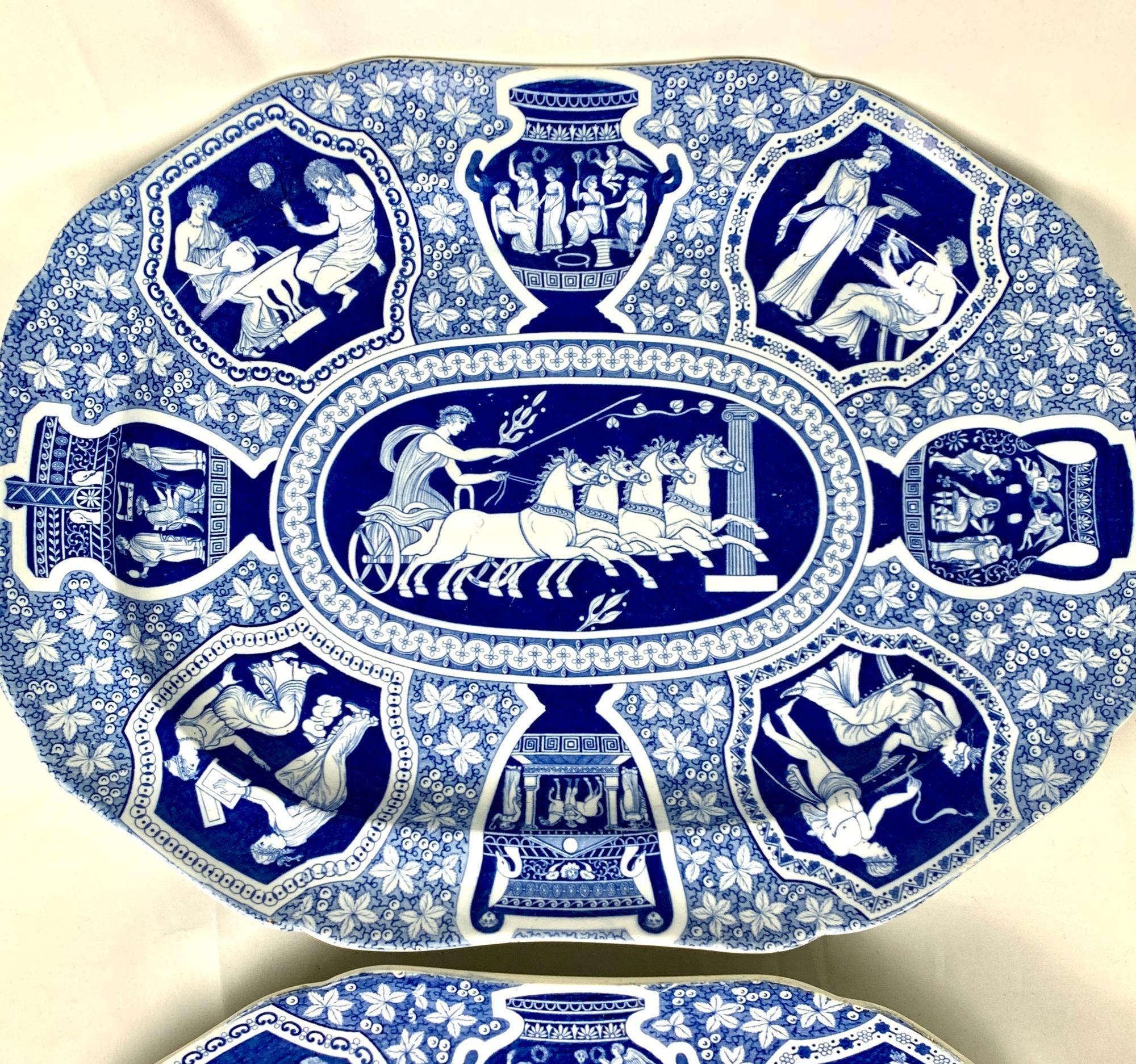 19th Century Pair Large Blue and White Spode Greekware Platters England C-1810 Neoclassical For Sale