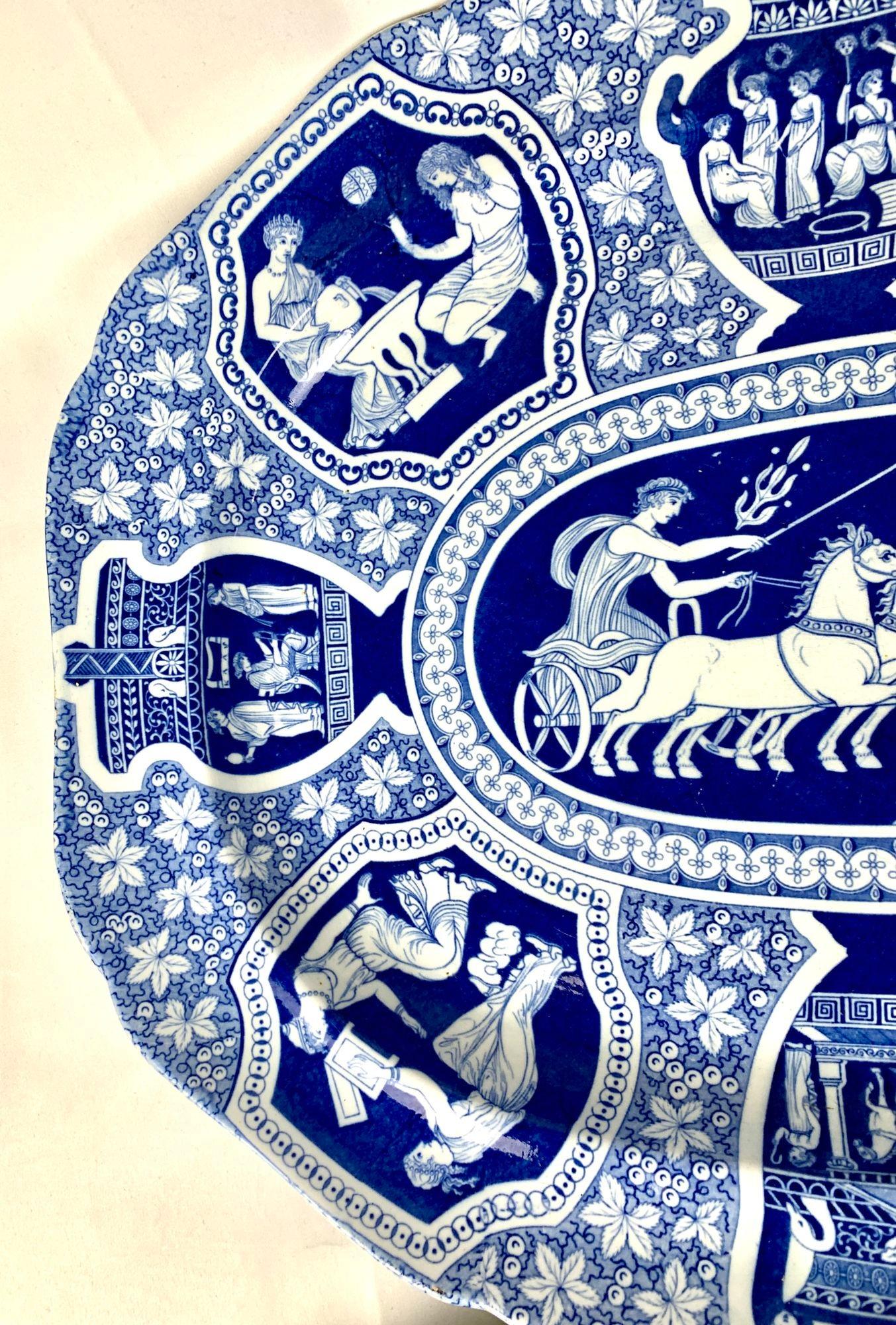Poterie Paire de grands plateaux grecs Spode bleus et blancs néoclassiques Angleterre C-1810 en vente