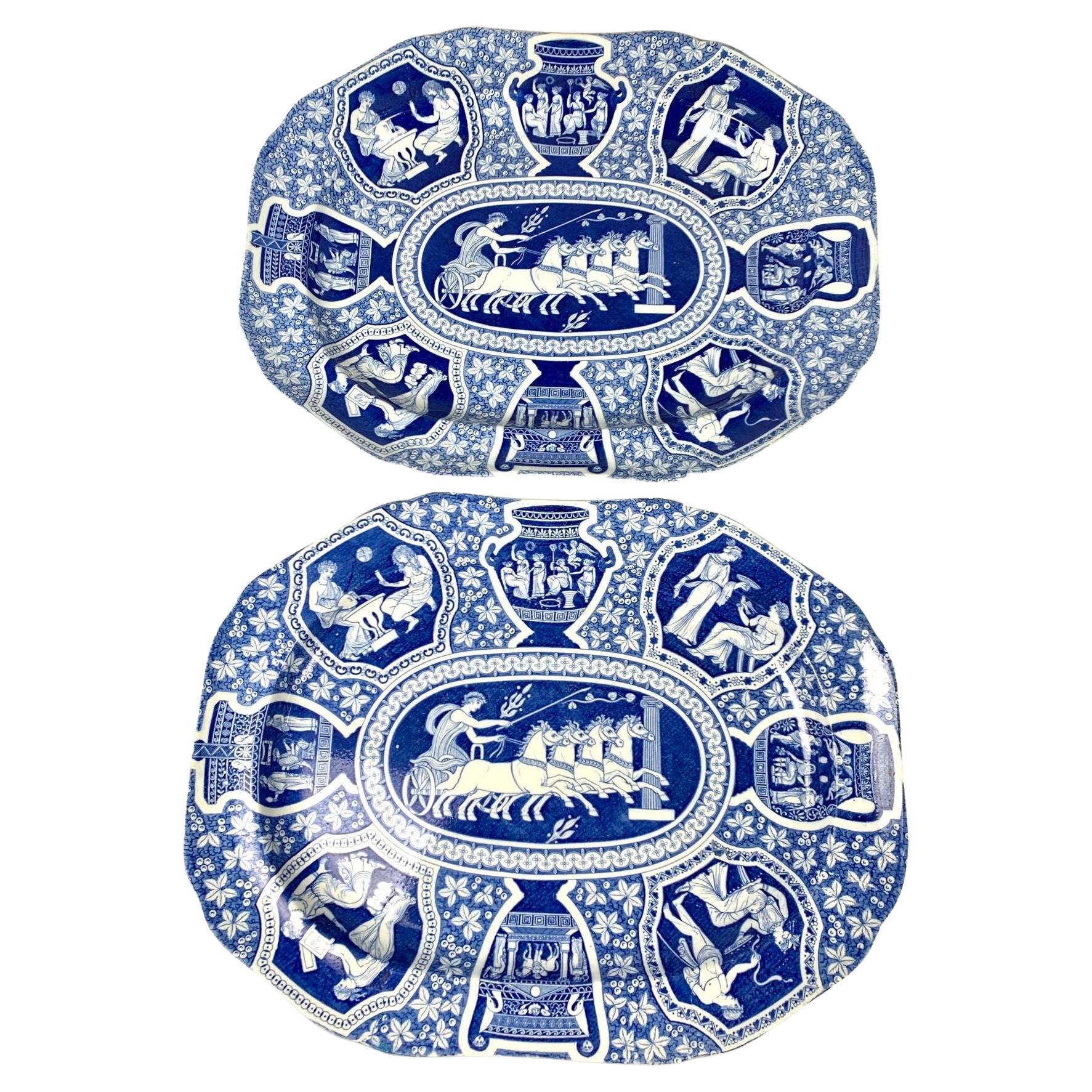 Pair Large Blue and White Spode Greekware Platters England C-1810 Neoclassical For Sale