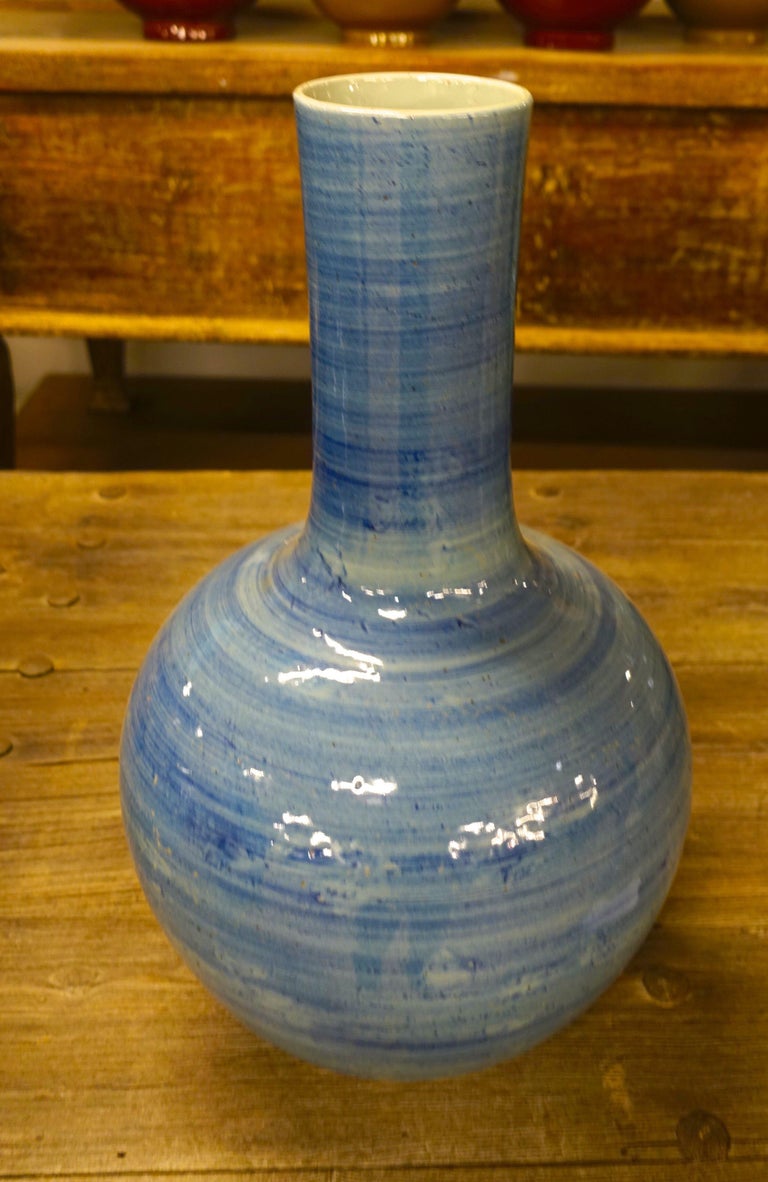 Pair Of Large Blue Horizontal Striated Pattern Vases China