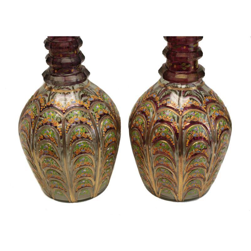 Czech Pair Large Bohemian Cranberry Glass &Enamel Hand Cut Persian Decanters circa1920