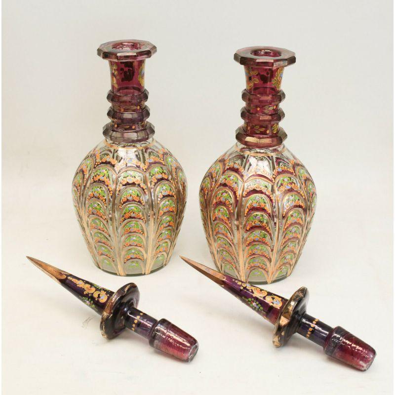 Enameled Pair Large Bohemian Cranberry Glass &Enamel Hand Cut Persian Decanters circa1920 For Sale