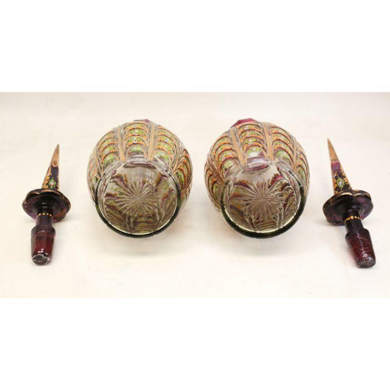 Pair Large Bohemian Cranberry Glass &Enamel Hand Cut Persian Decanters circa1920 In Good Condition For Sale In Gardena, CA