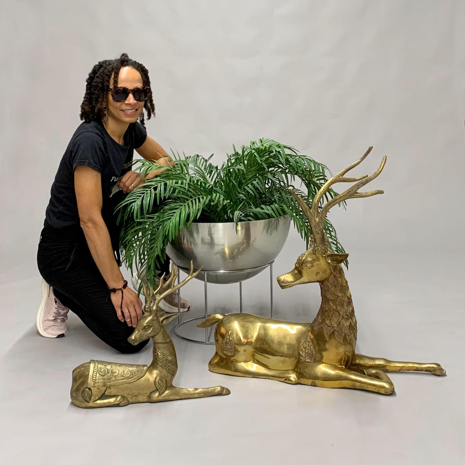 Pair Large Brass Deer Figurine Sculptures For Sale 4