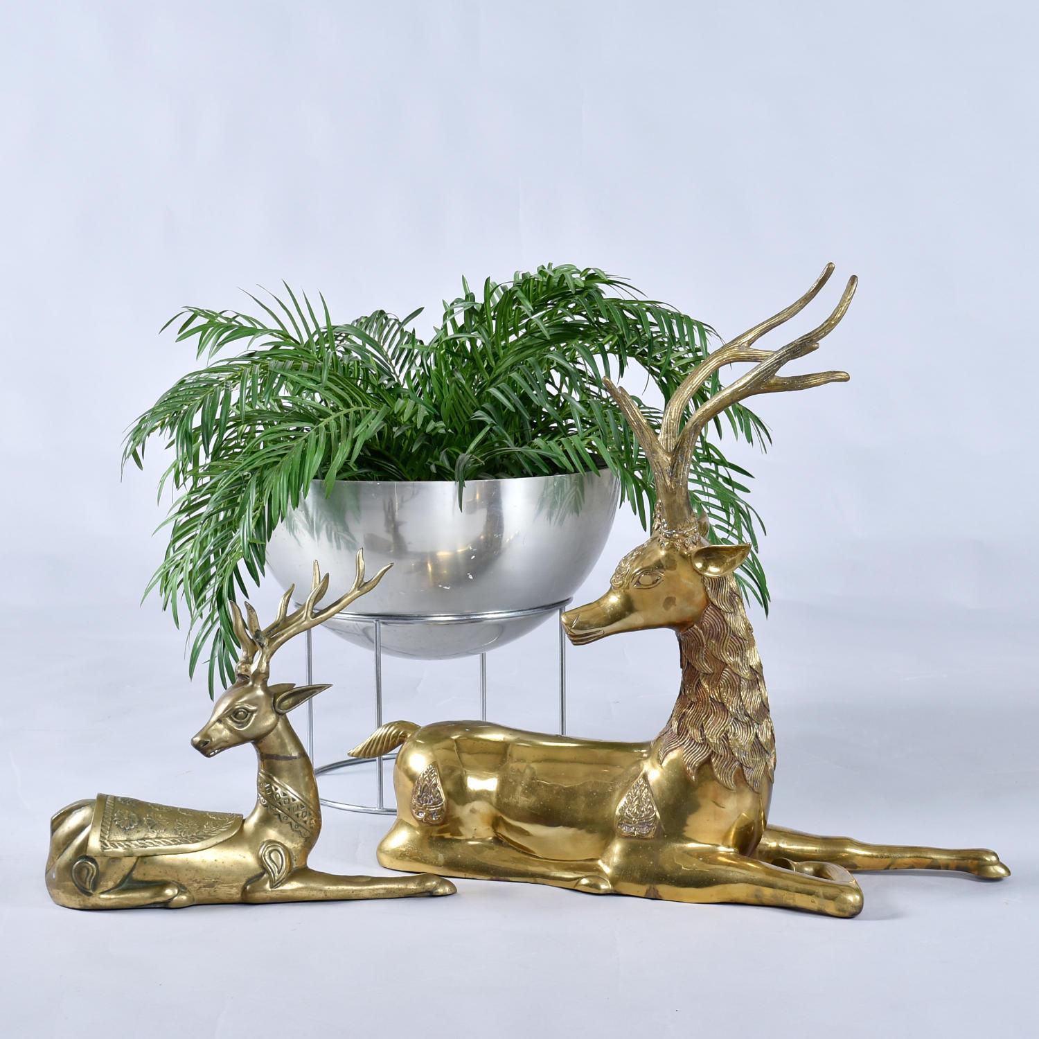 Exceptional pair of large scale brass deer figurines. These two deer were not an original pair, but they look awfully good together. The larger deer stands over two feet tall (27.5”) and is nearly 3 feet long! This larger deer exhibits beautiful