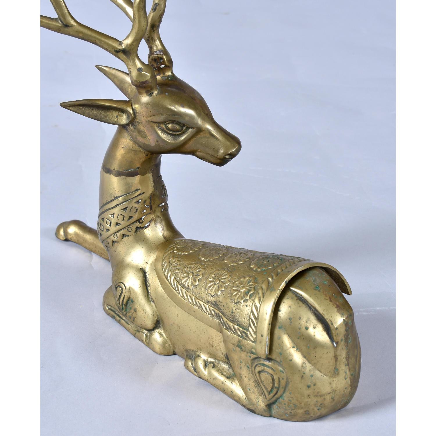 Mid-Century Modern Pair Large Brass Deer Figurine Sculptures For Sale