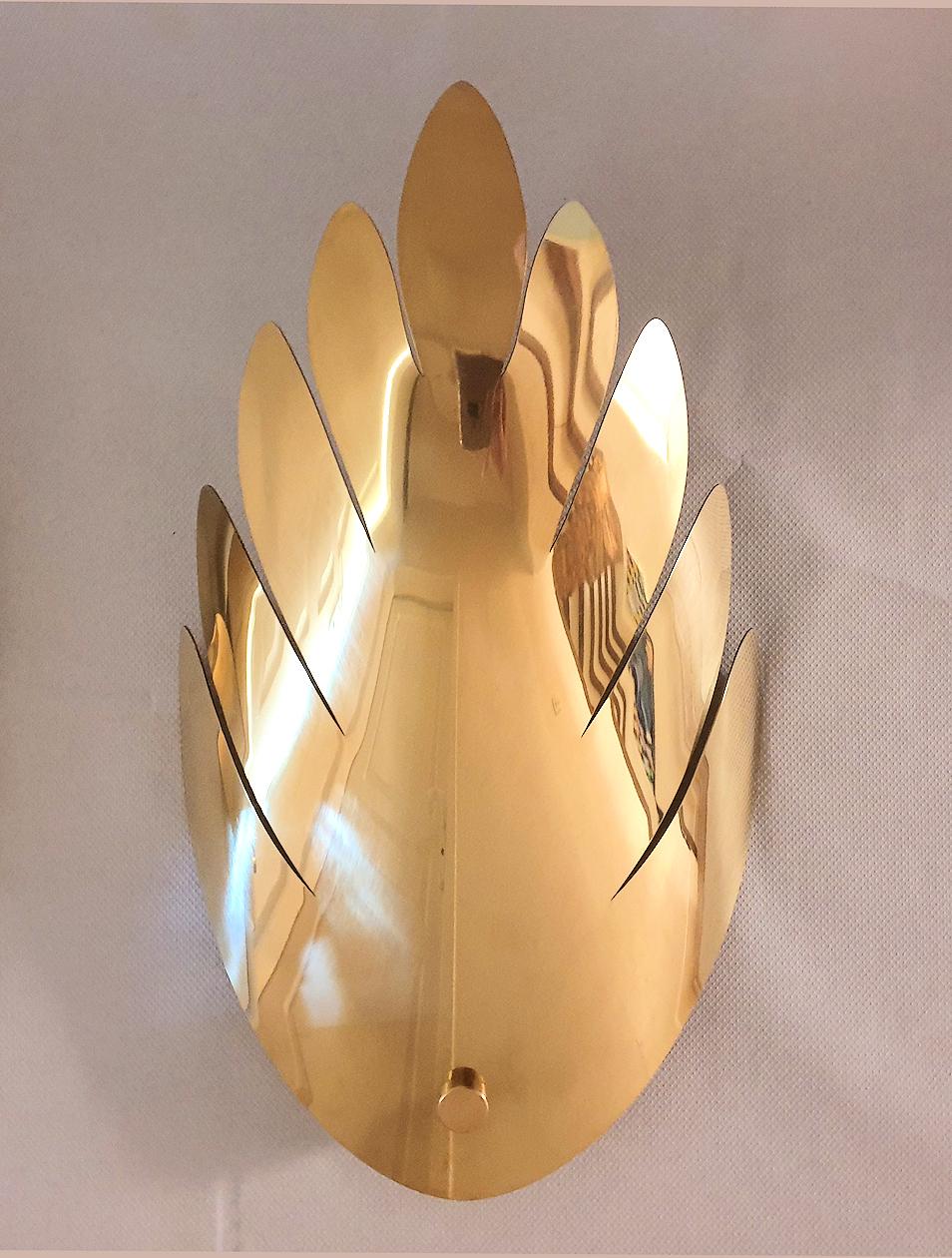 Polished Mid Century Modern Brass Large Leaf Sconces - a pair