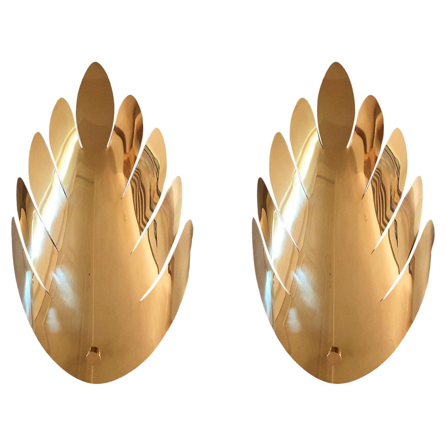Mid Century Modern Brass Large Leaf Sconces - a pair