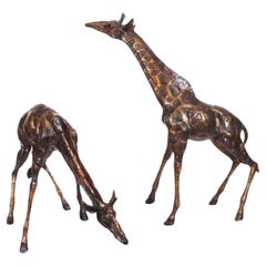 Vintage Pair Large Bronze Giraffes - Animal Statues Garden Casting