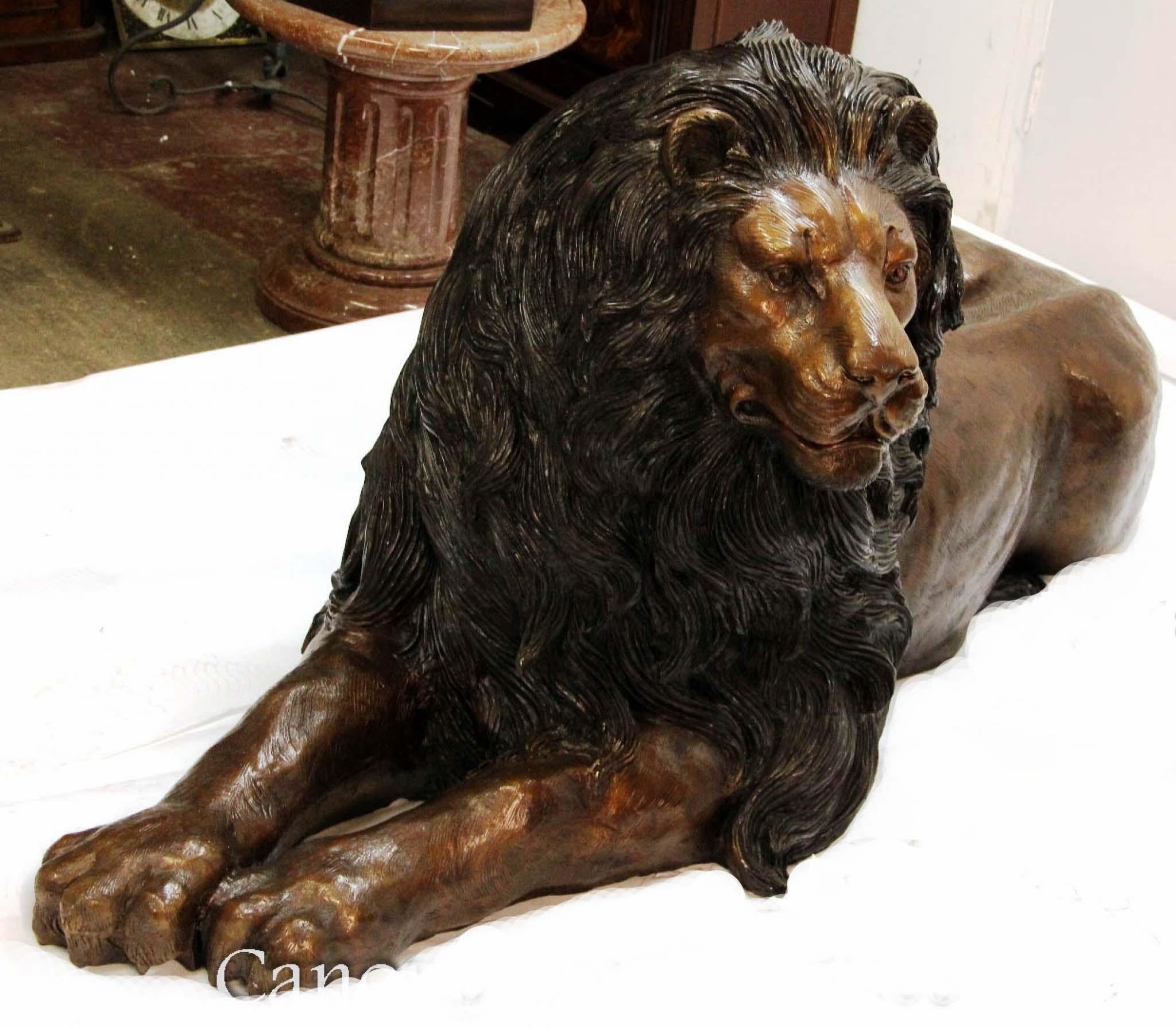 Pair Large Bronze Lions - Recumbant Gatekeeper Cats For Sale 6