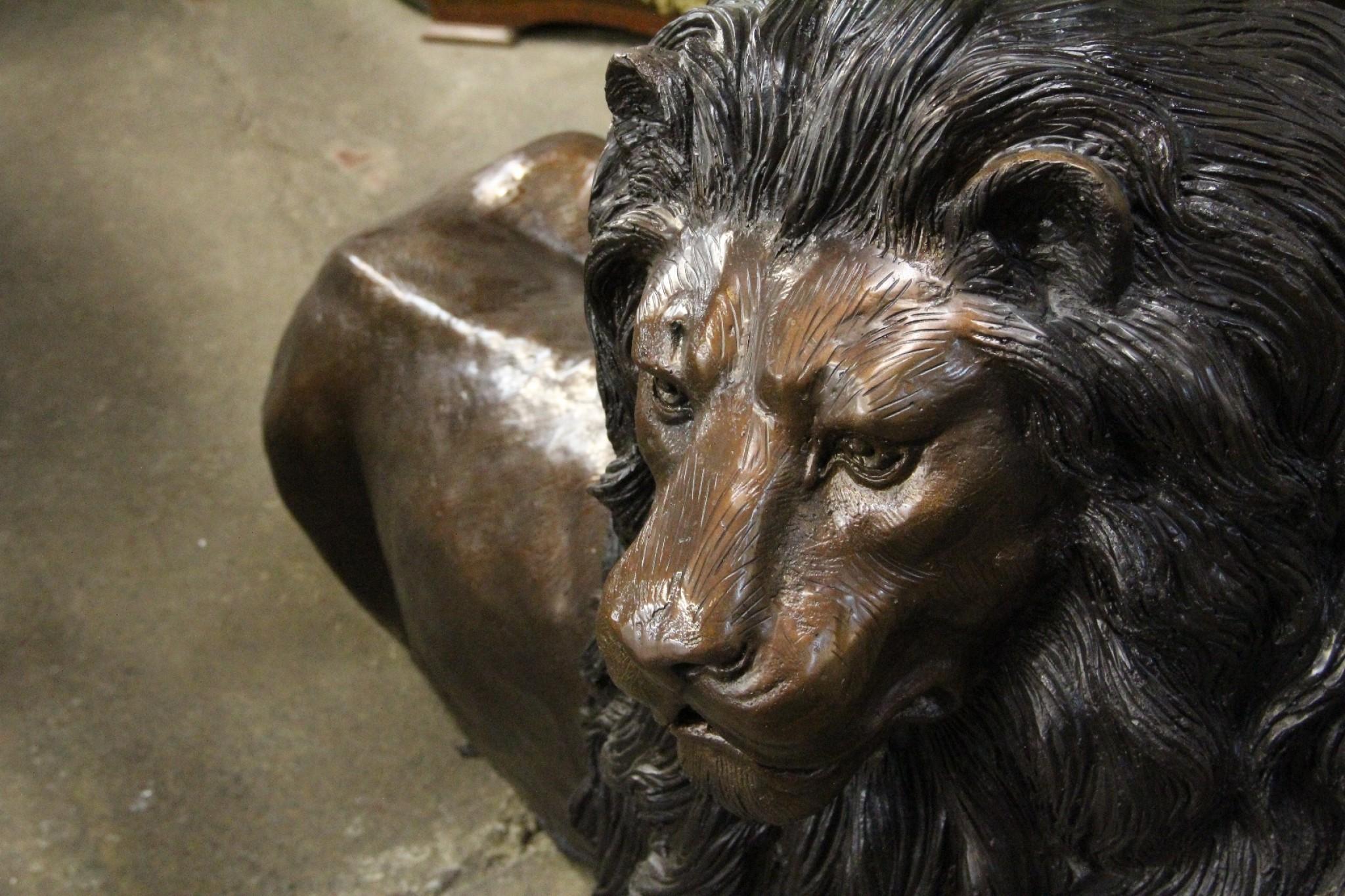 Pair Large Bronze Lions - Recumbant Gatekeeper Cats 12