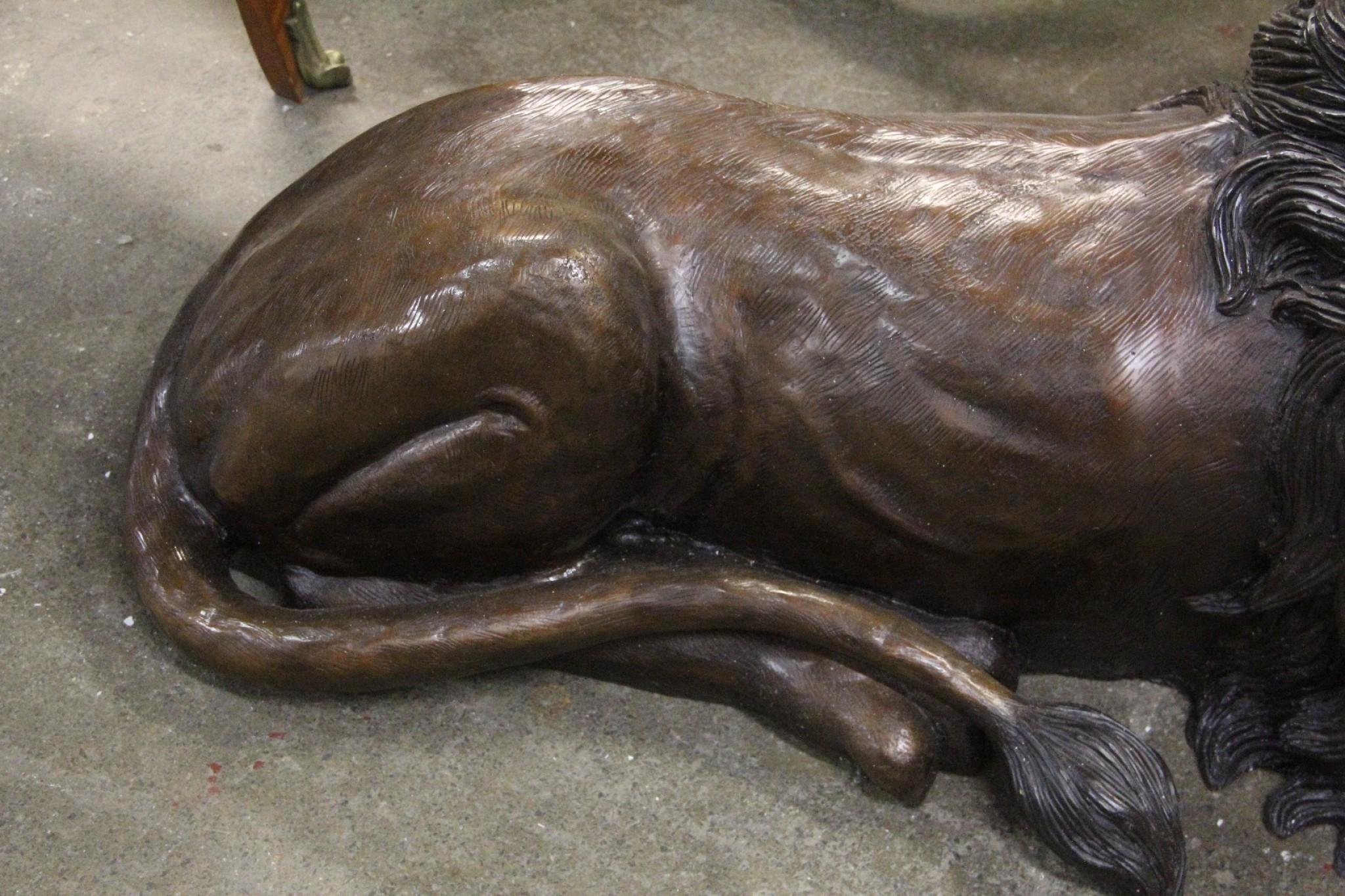 Pair Large Bronze Lions - Recumbant Gatekeeper Cats In Good Condition For Sale In Potters Bar, GB