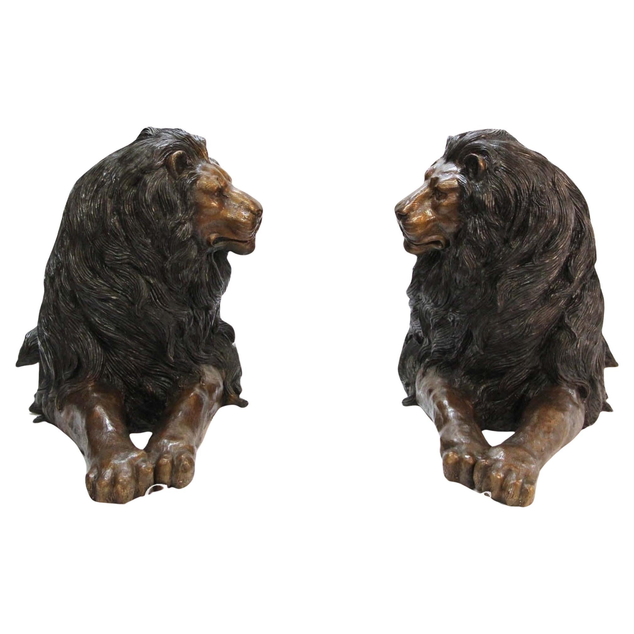 Pair Large Bronze Lions - Recumbant Gatekeeper Cats For Sale