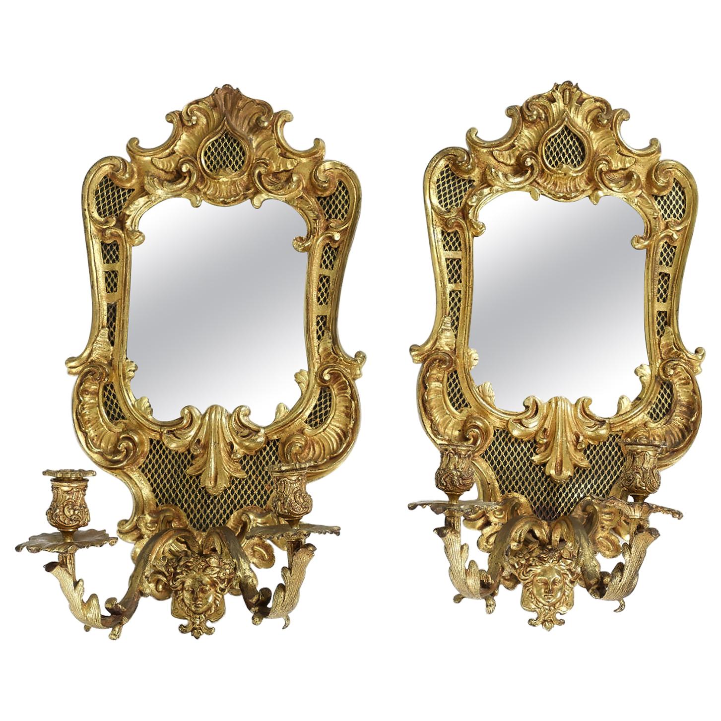 Pair  Large Bronze Mirrored Back Sconces