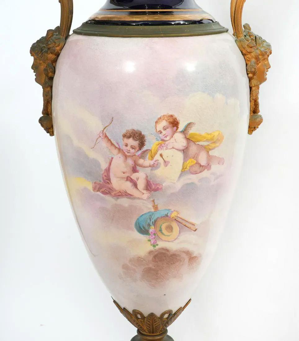 Pair Large Bronze Mounted Sevres Louis XVI Style Porcelain Vases with Covers For Sale 9