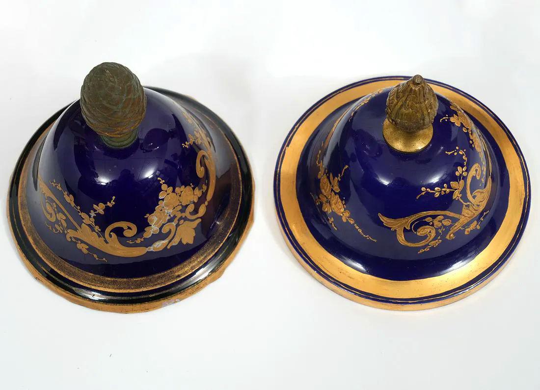 Pair Large Bronze Mounted Sevres Louis XVI Style Porcelain Vases with Covers For Sale 11