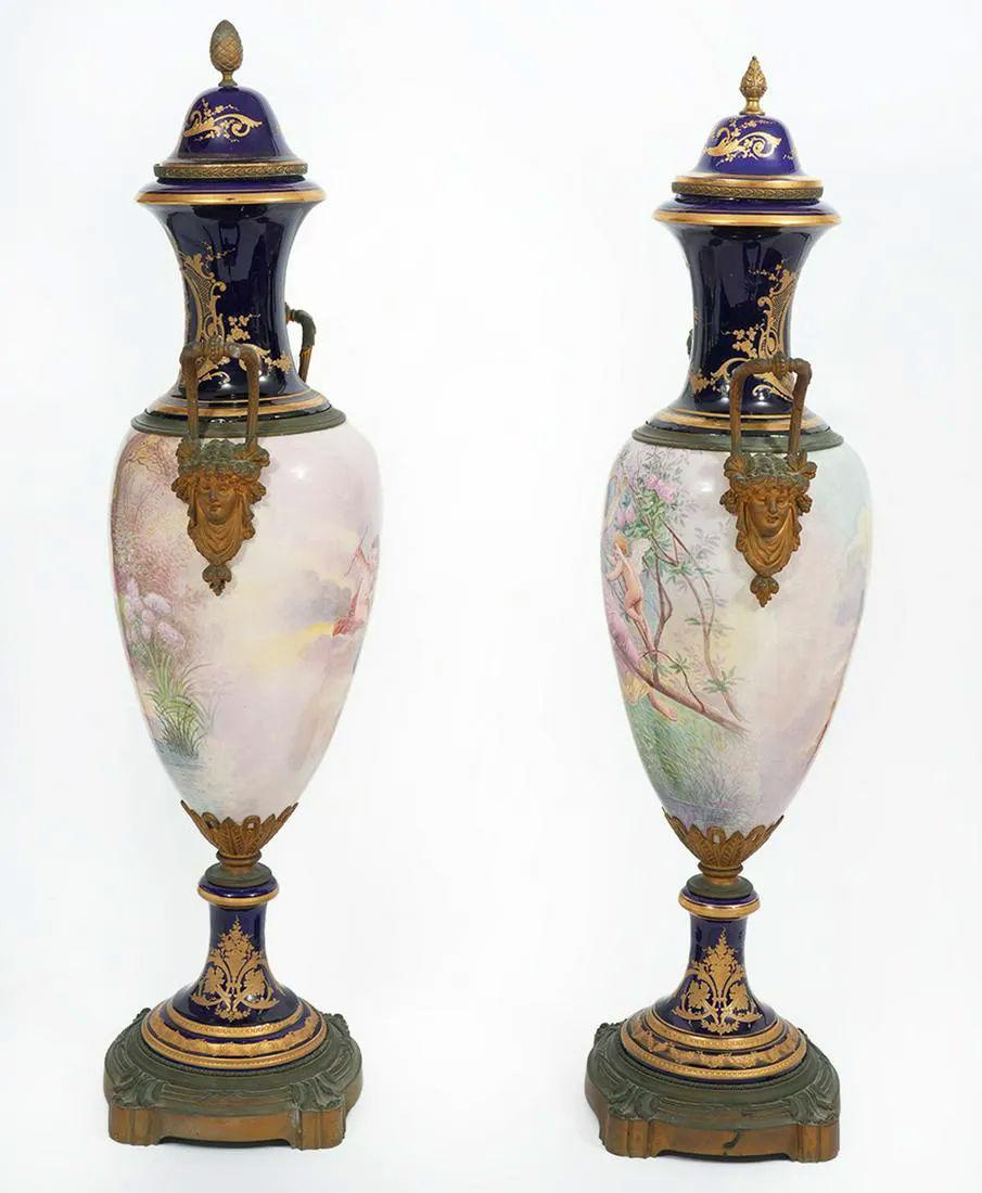 French Pair Large Bronze Mounted Sevres Louis XVI Style Porcelain Vases with Covers For Sale