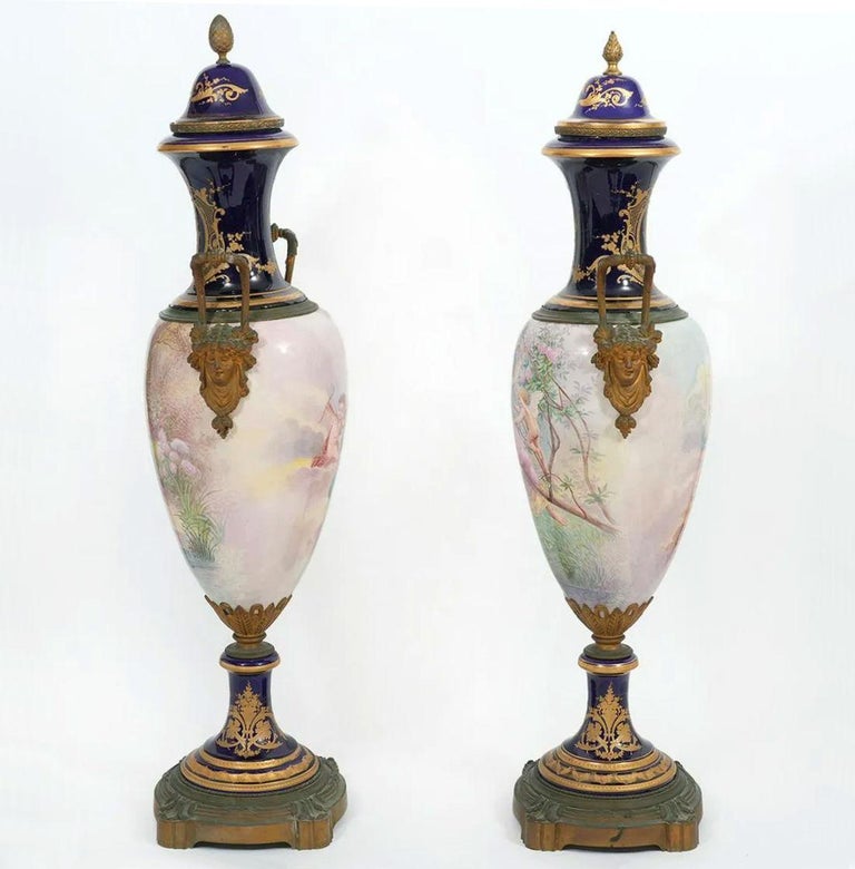 Pair Large Bronze Mounted Sevres Louis XVI Style Porcelain Vases with