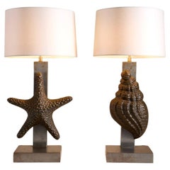 Pair Large Bronze & Steel Conch & Starfish Table Lamps, 20th Century