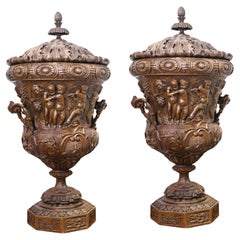 Antique Pair Large Bronze Urns Monumental Campana Cherub after Clodion