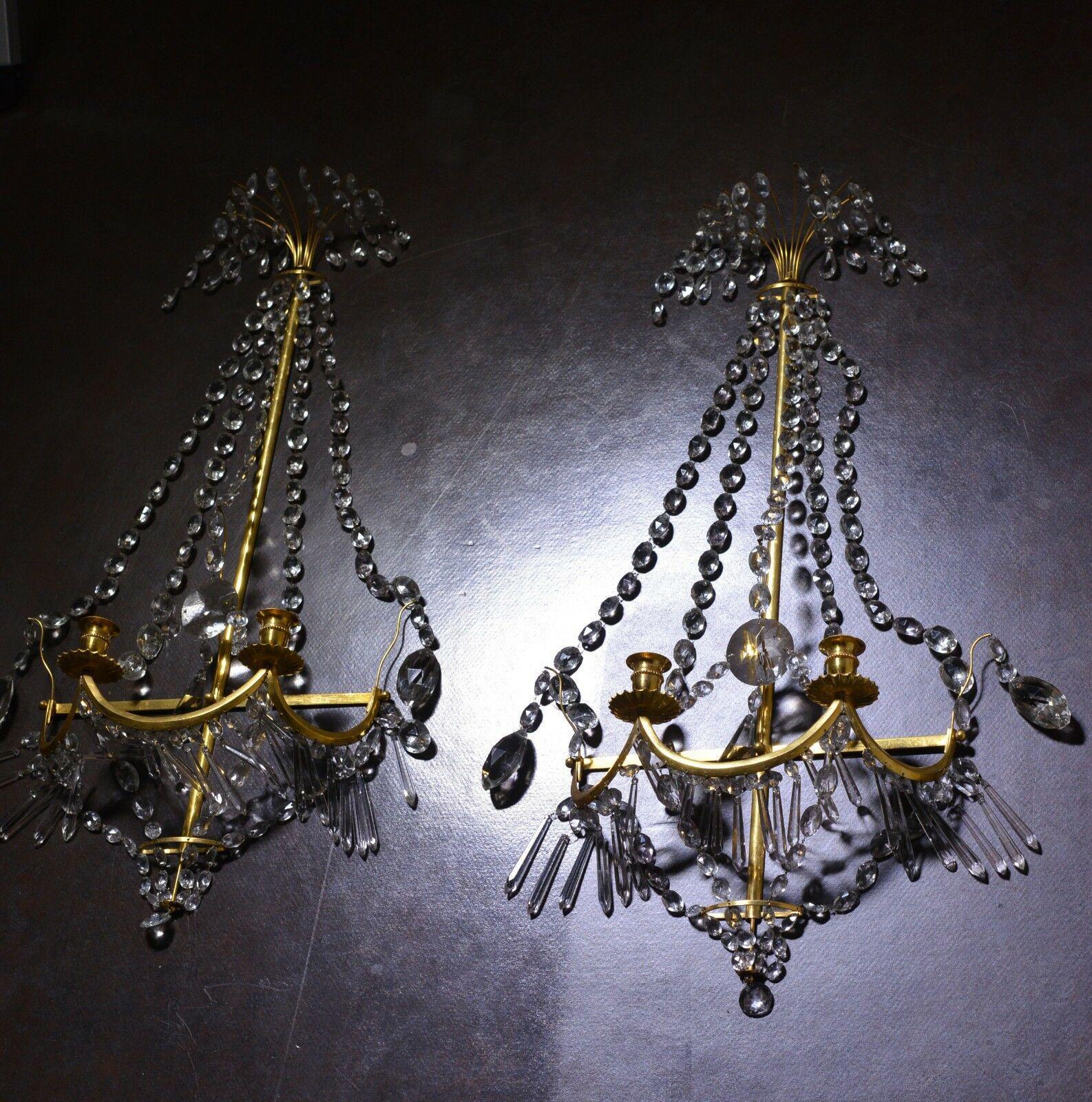 Pair Large c1810 Russian Baltic 24K with Cut Crystal Wall Sconces Original Cond. For Sale 4
