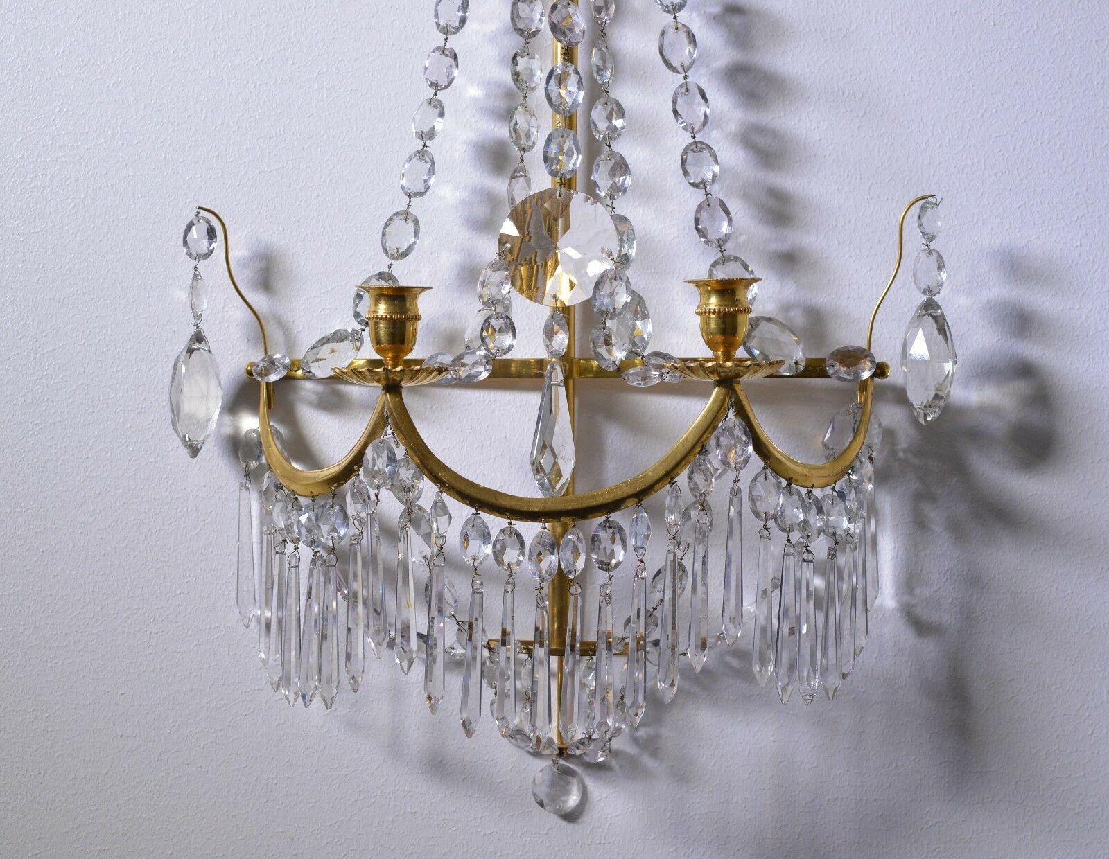 Pair Large c1810 Russian Baltic 24K with Cut Crystal Wall Sconces Original Cond. In Good Condition For Sale In Opa Locka, FL
