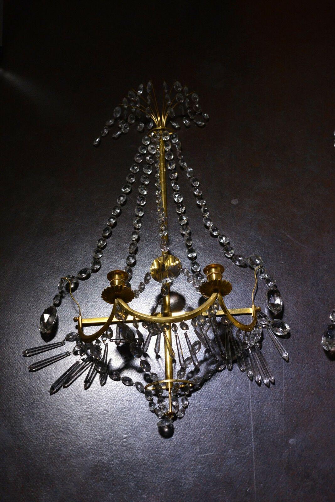Early 19th Century Pair Large c1810 Russian Baltic 24K with Cut Crystal Wall Sconces Original Cond. For Sale
