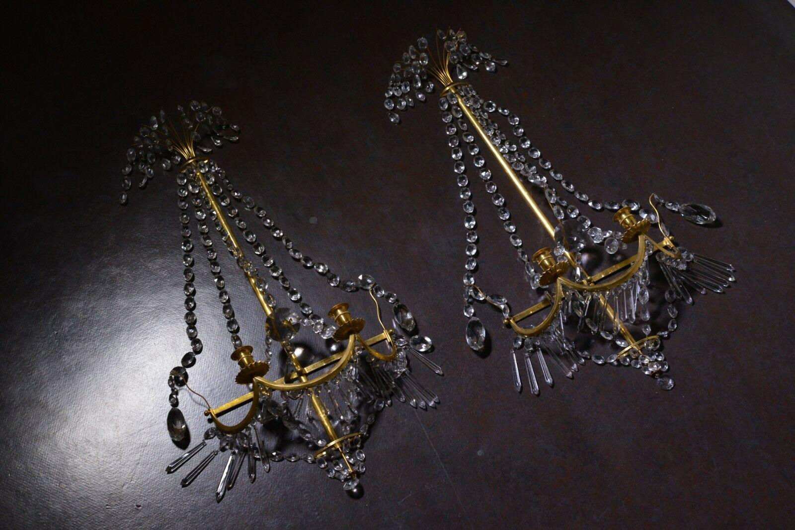 Pair Large c1810 Russian Baltic 24K with Cut Crystal Wall Sconces Original Cond. For Sale 2