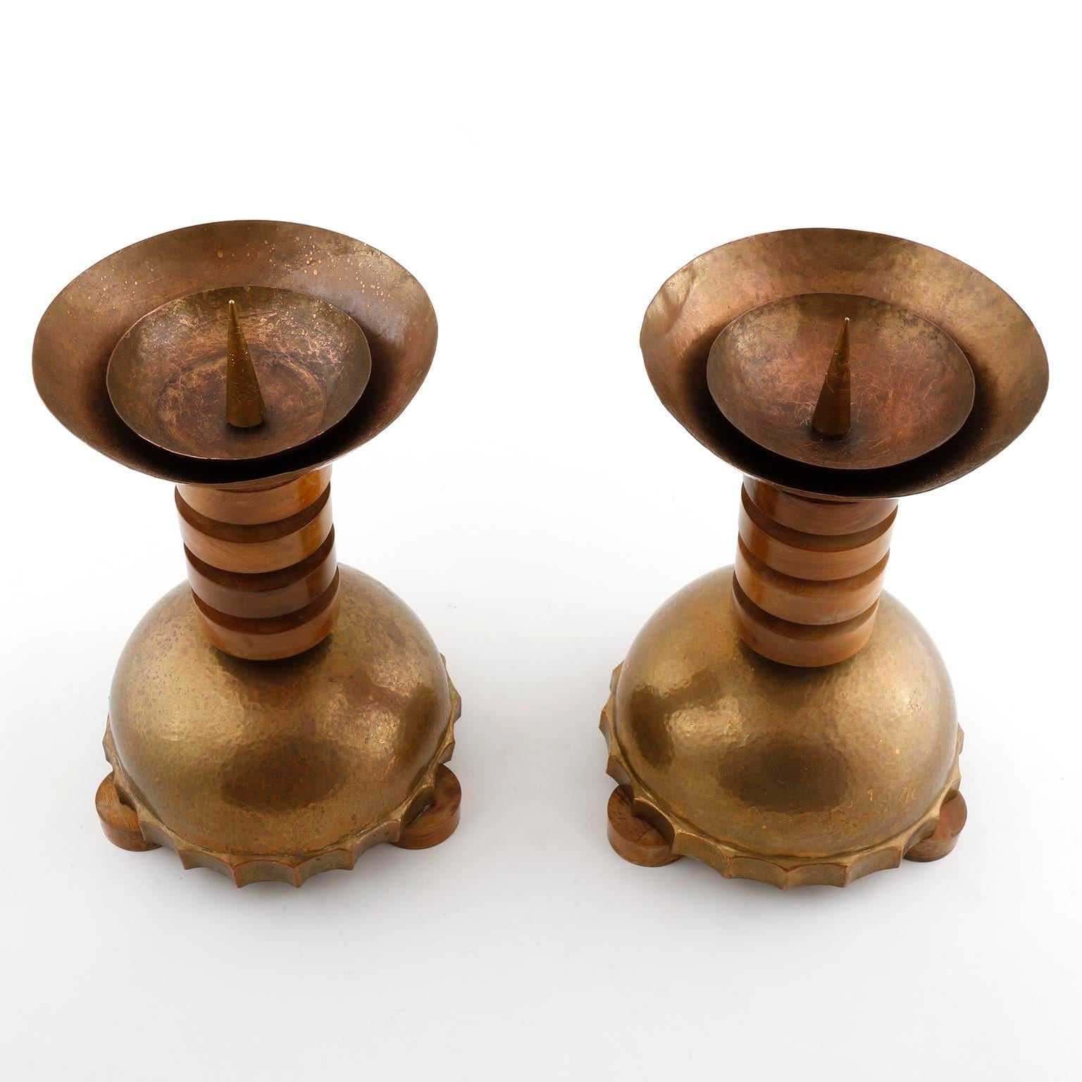 Italian Pair of Large Candleholders, Wood Patinated Hammered Brass Copper, Art Deco