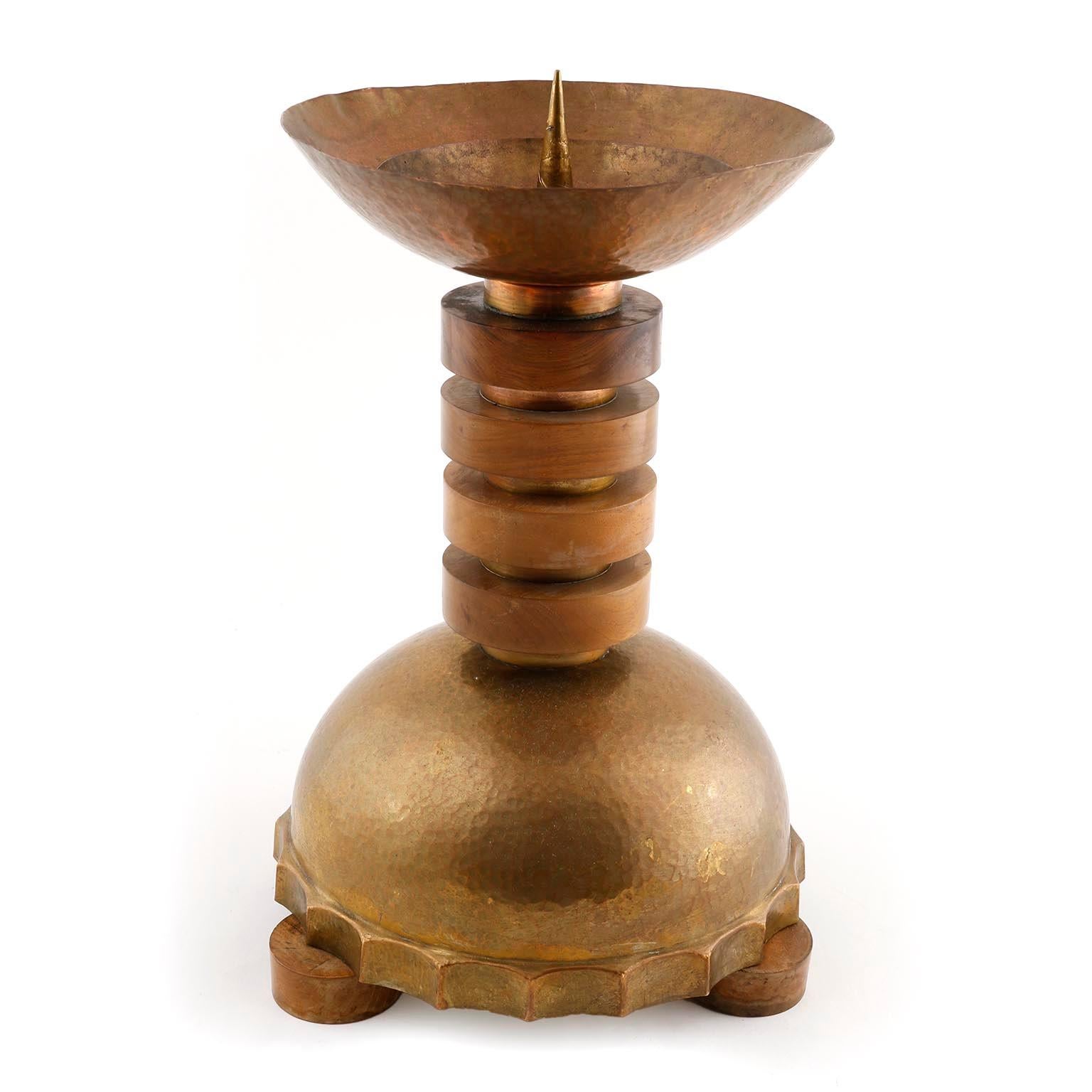 Mid-20th Century Pair of Large Candleholders, Wood Patinated Hammered Brass Copper, Art Deco