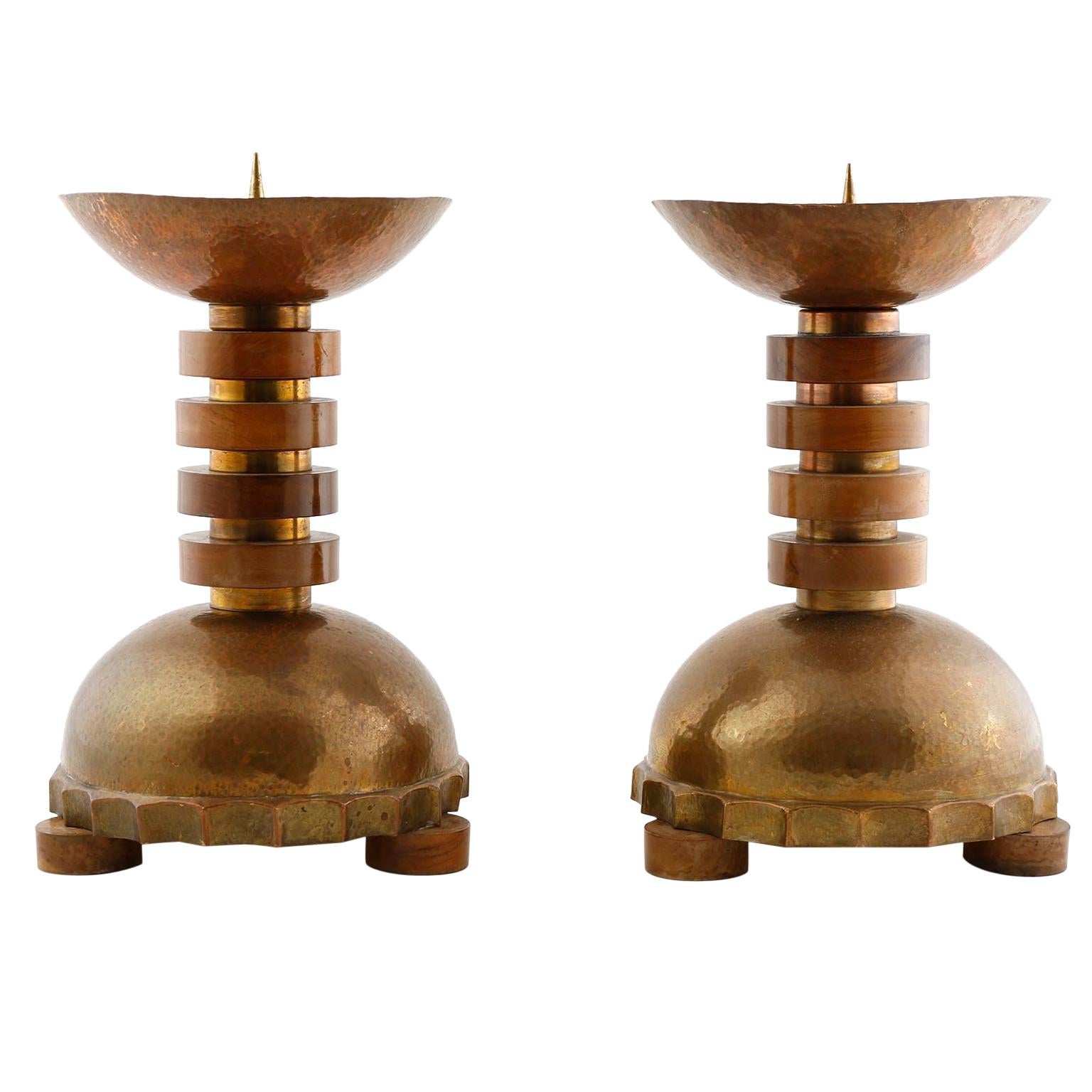 Pair of Large Candleholders, Wood Patinated Hammered Brass Copper, Art Deco