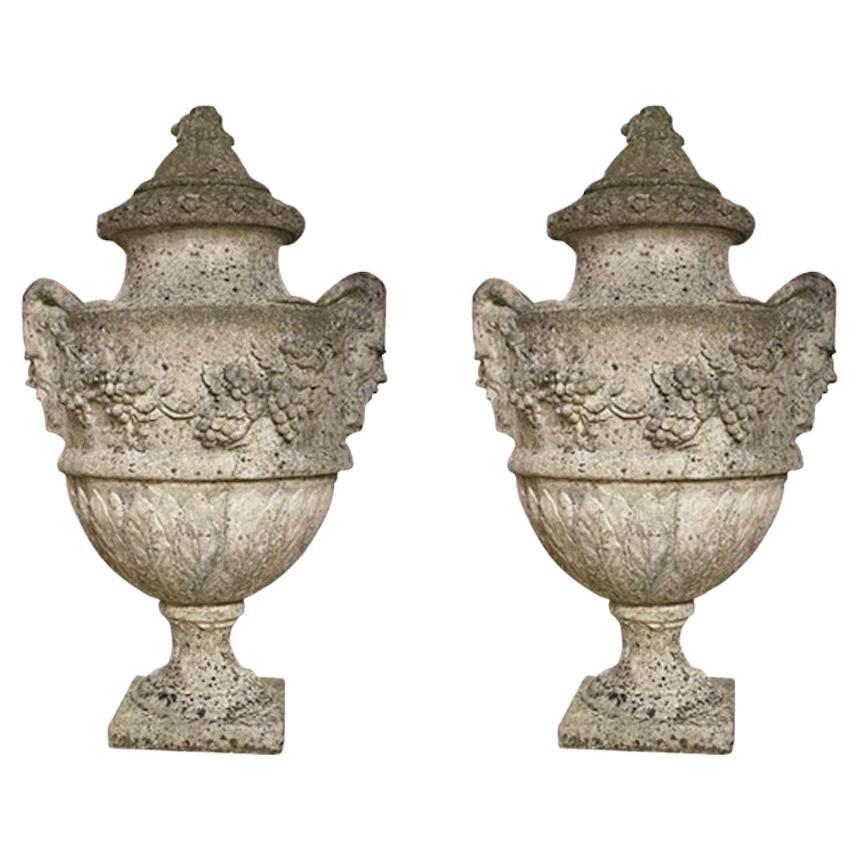 Pair of Large Carved Stone Garden Urns at 1stDibs