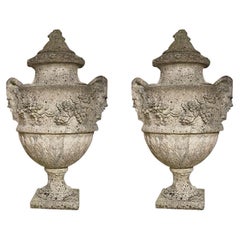 Pair Large Capped Stone Garden Urns, England, 1930's