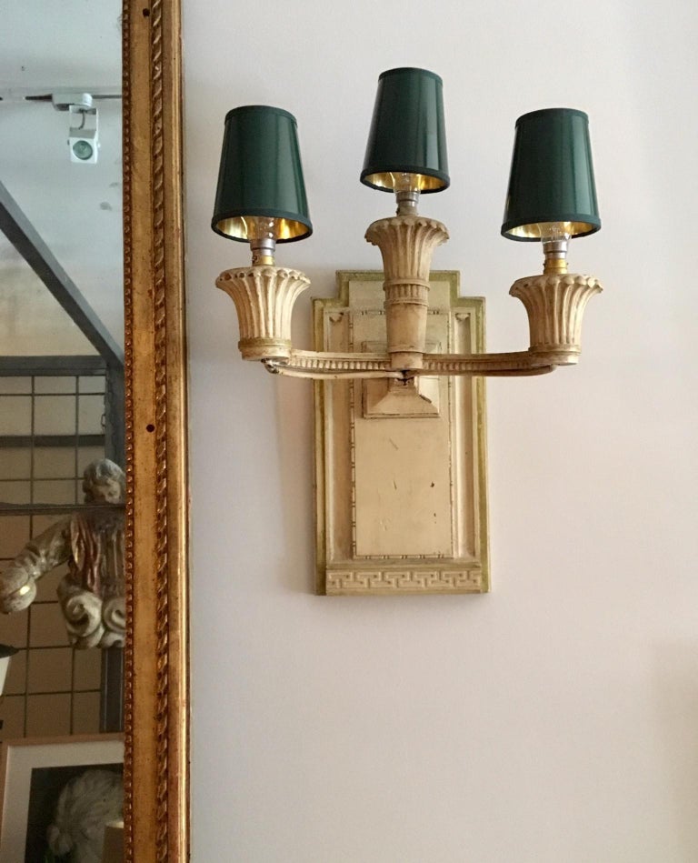Pair of Large Carved and Painted Three Lights Wooden Wall Sconces For