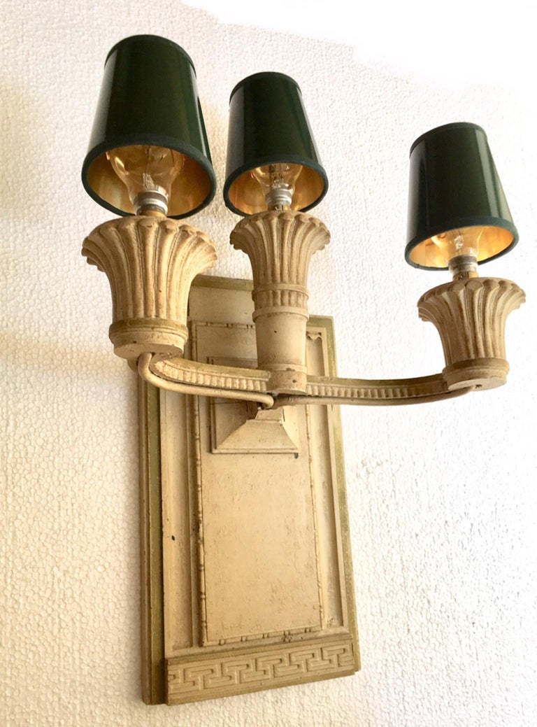 Pair of Large Carved and Painted Three Lights Wooden Wall Sconces For