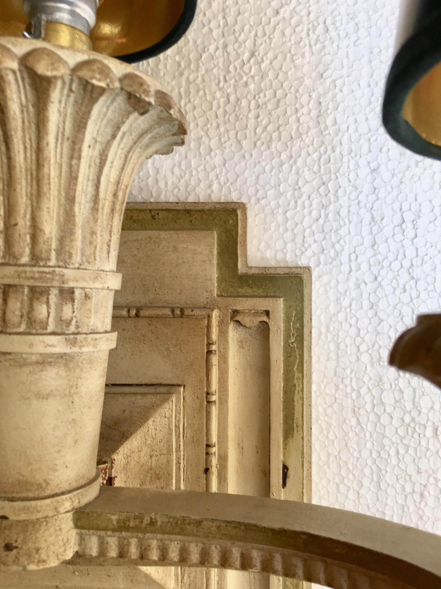 Pair of Large Carved and Painted Three Lights Wooden Wall Sconces In Good Condition In Madrid, ES