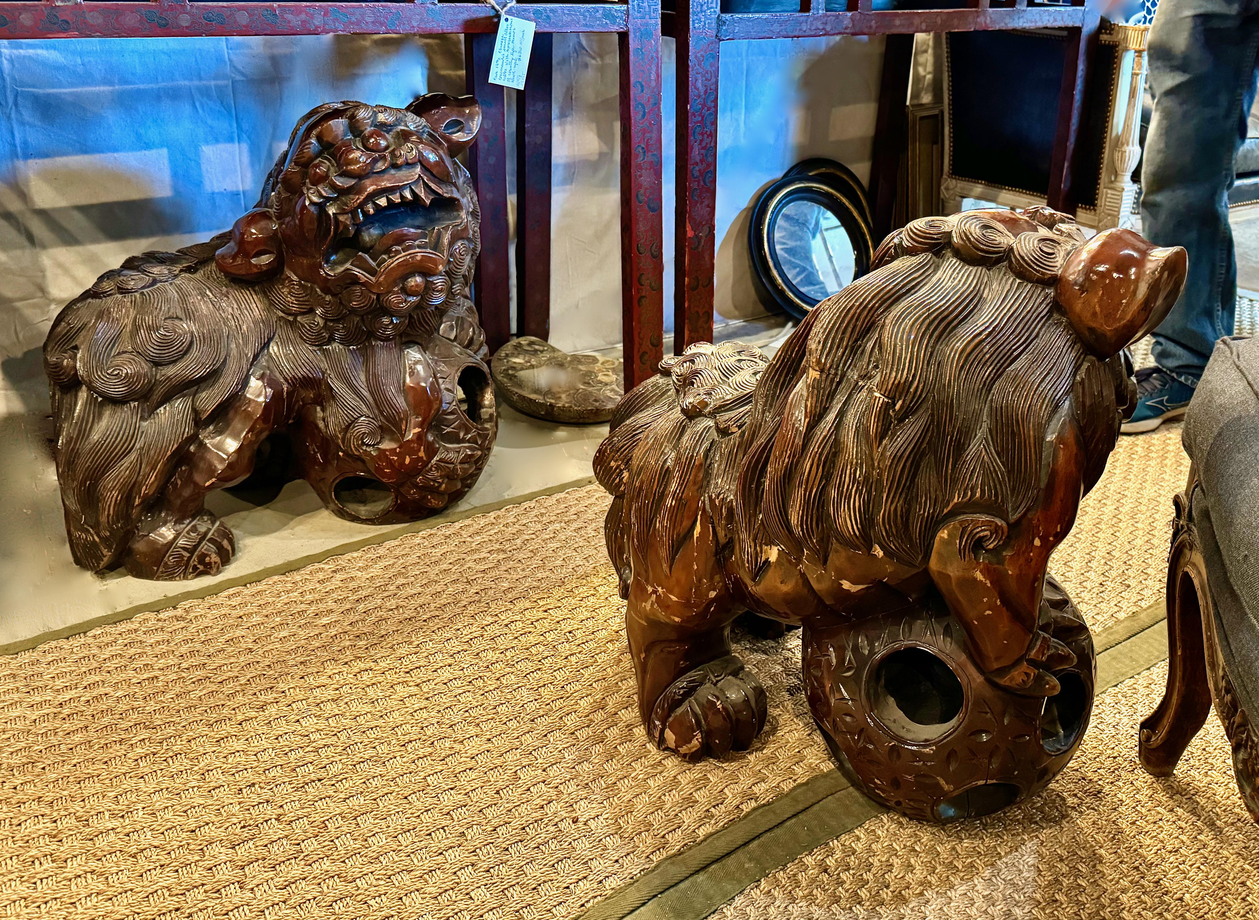 Pair Large Carved Fu Lions 9