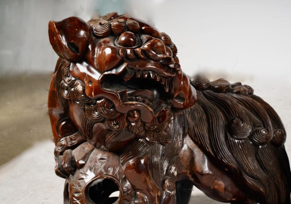 Hand-Carved Pair Large Carved Fu Lions