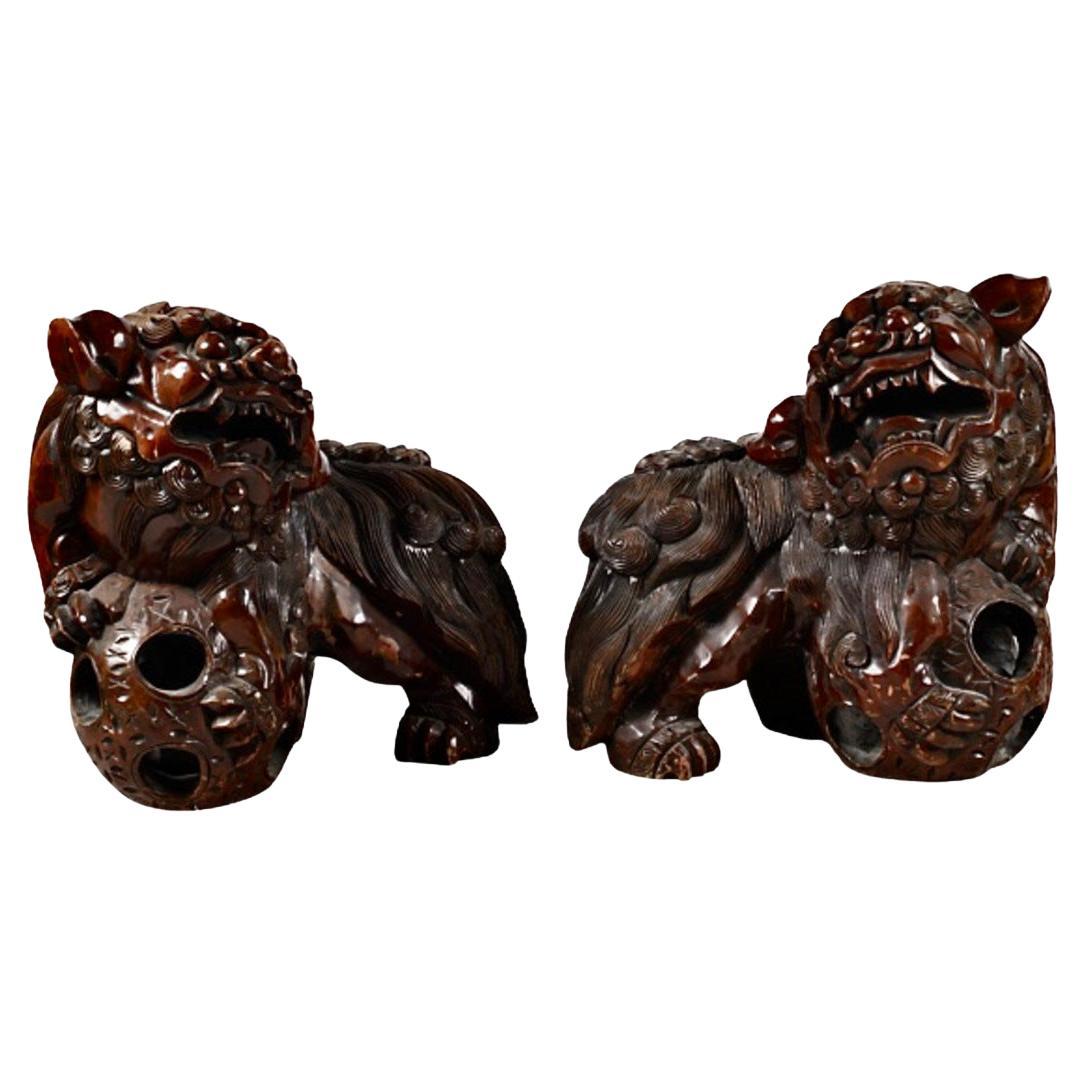 Pair Large Carved Fu Lions