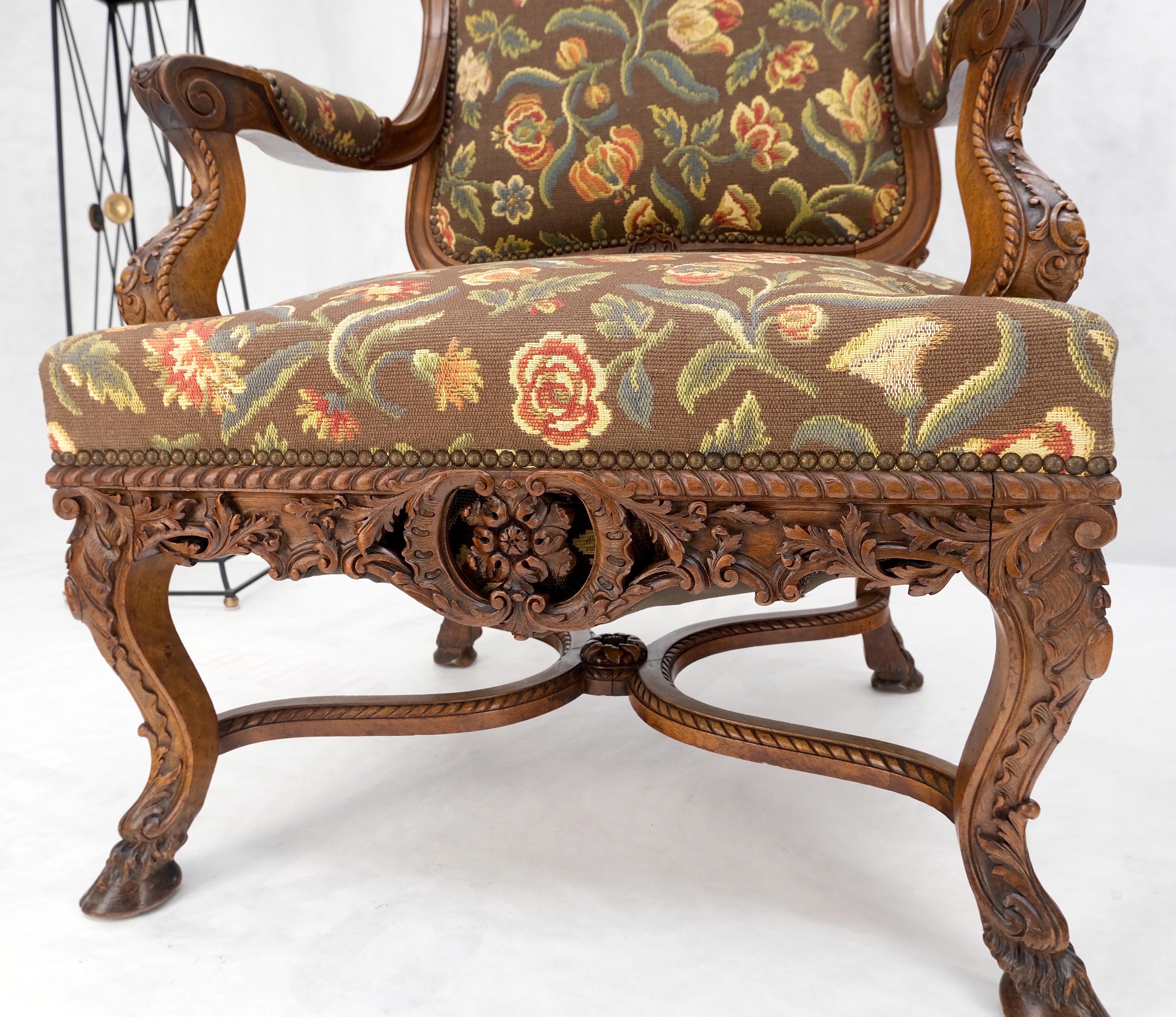Pair Large Carved Oak Hoof Feet Needle Point Upholstery Arm Chairs Thrones Mint! For Sale 4