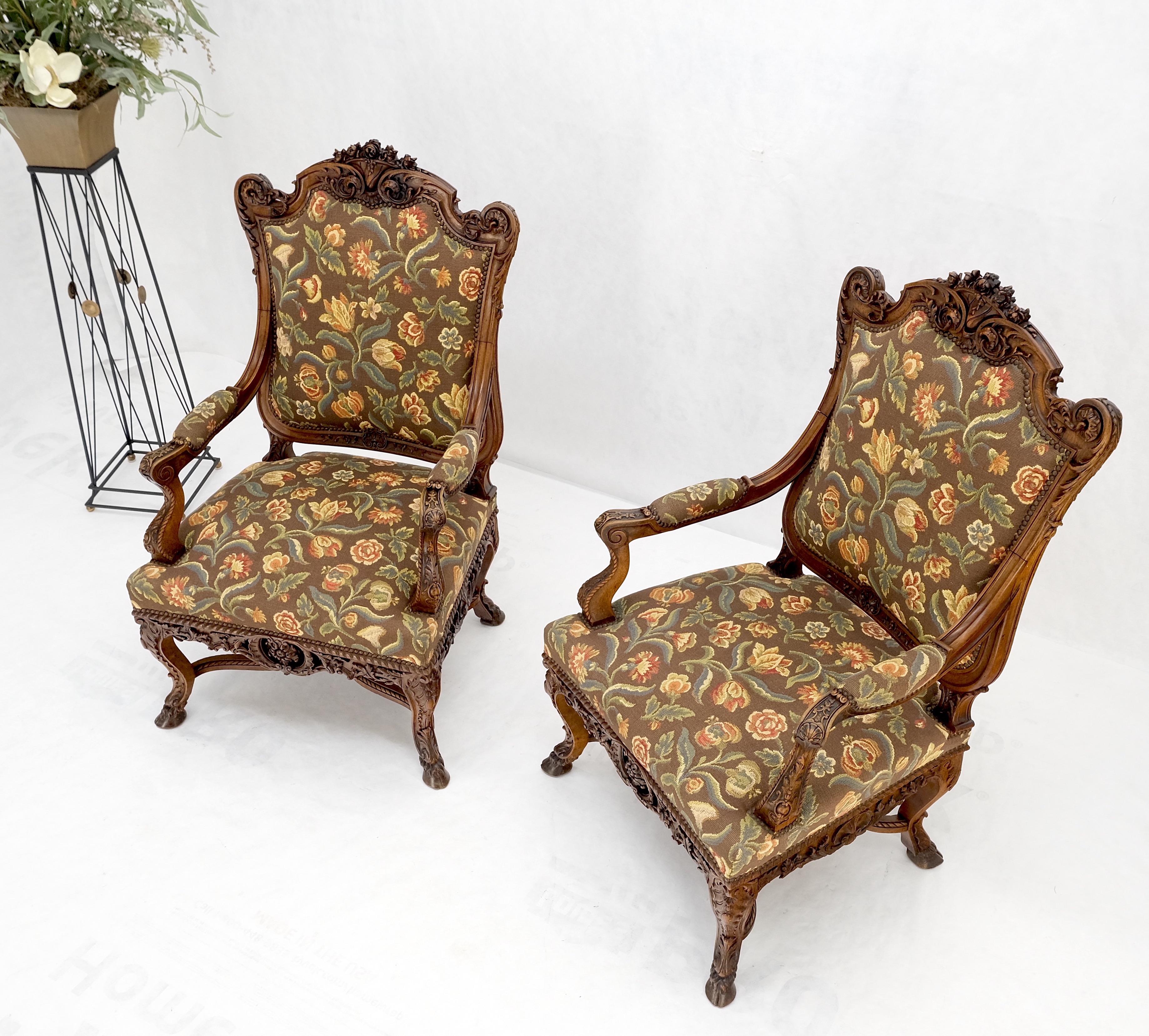 Pair Large Carved Oak Hoof Feet Needle Point Upholstery Arm Chairs Thrones Mint! For Sale 4