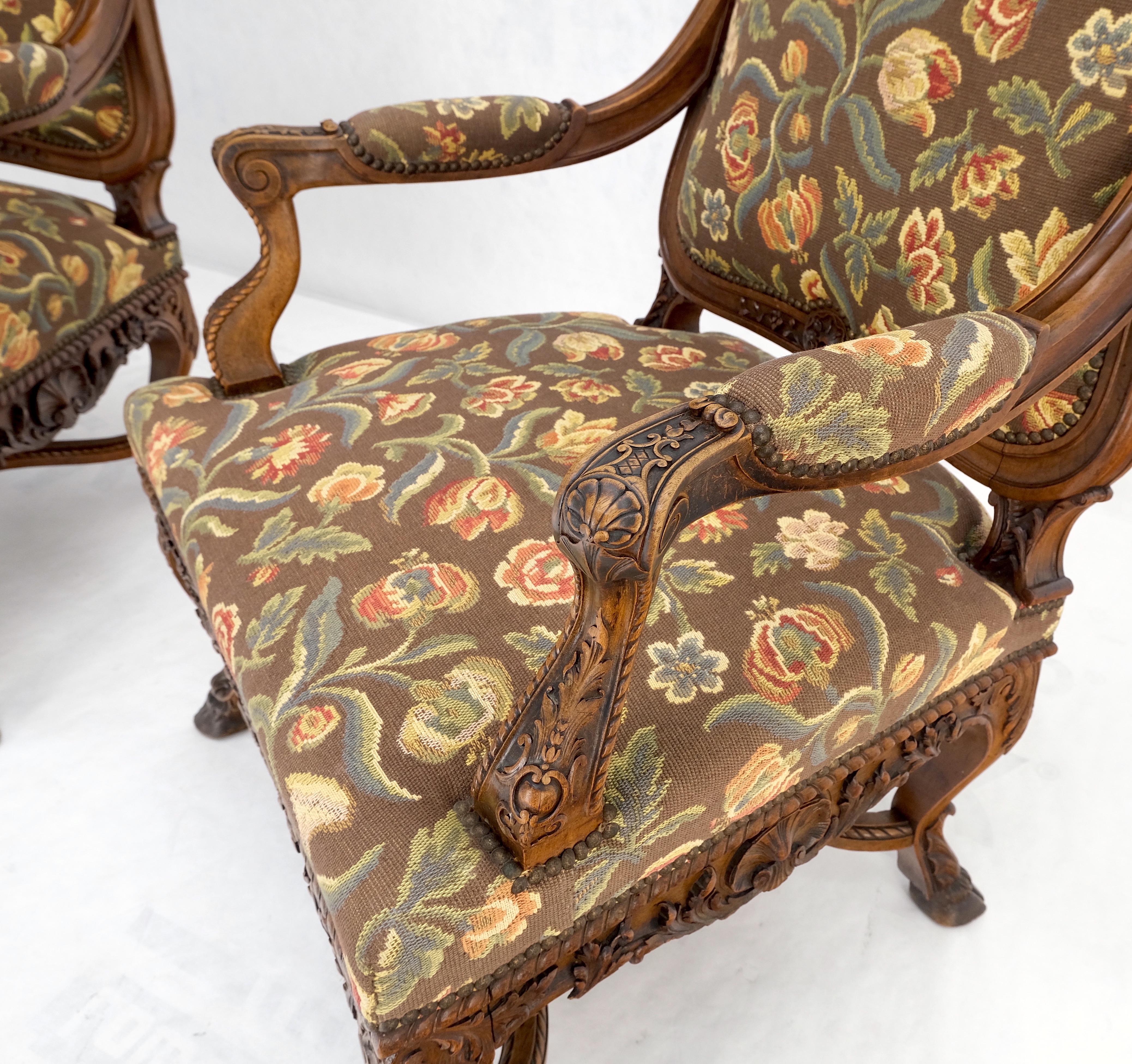 Pair Large Carved Oak Hoof Feet Needle Point Upholstery Arm Chairs Thrones Mint! For Sale 6