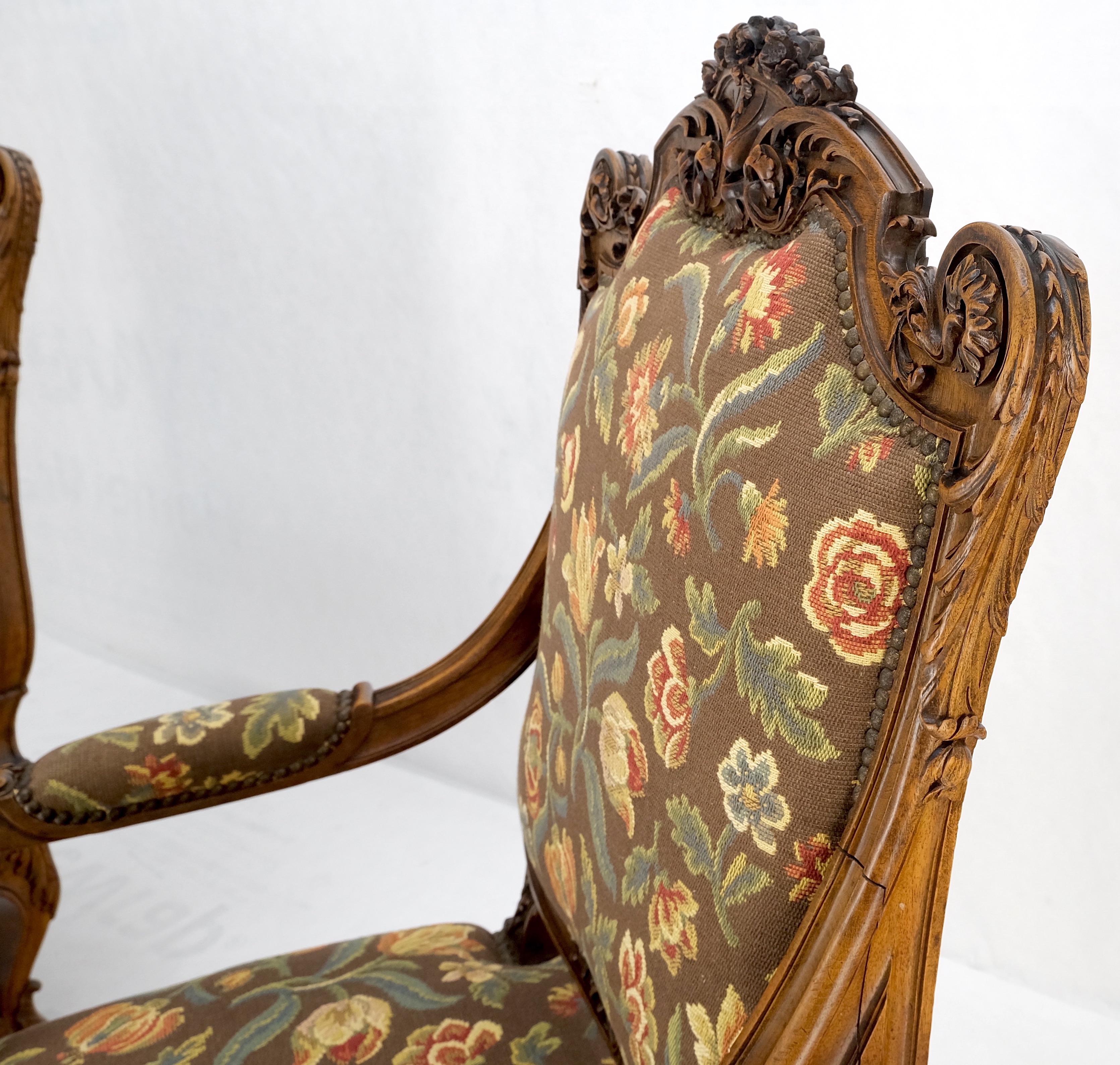 Pair Large Carved Oak Hoof Feet Needle Point Upholstery Arm Chairs Thrones Mint! For Sale 9