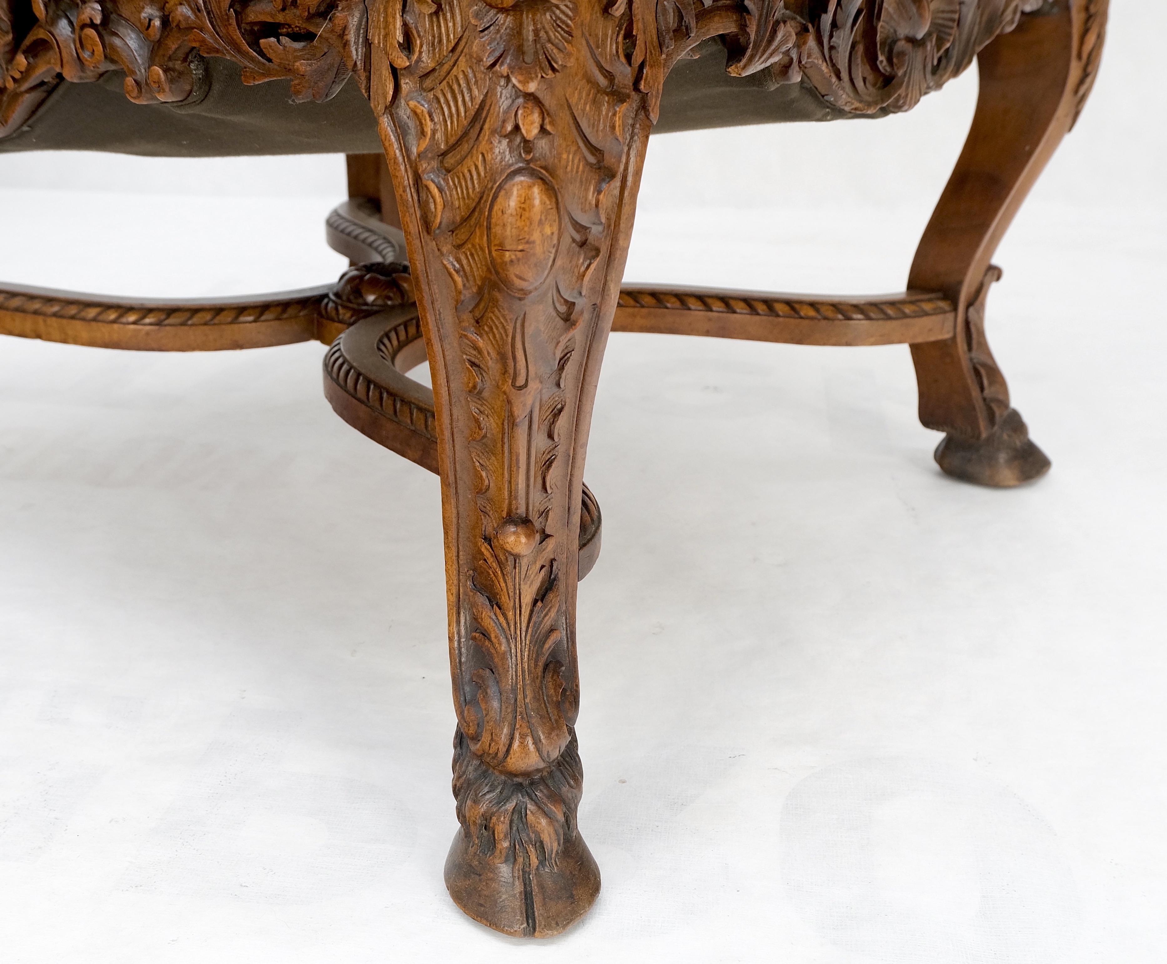 Pair Large Carved Oak Hoof Feet Needle Point Upholstery Arm Chairs Thrones Mint! For Sale 11