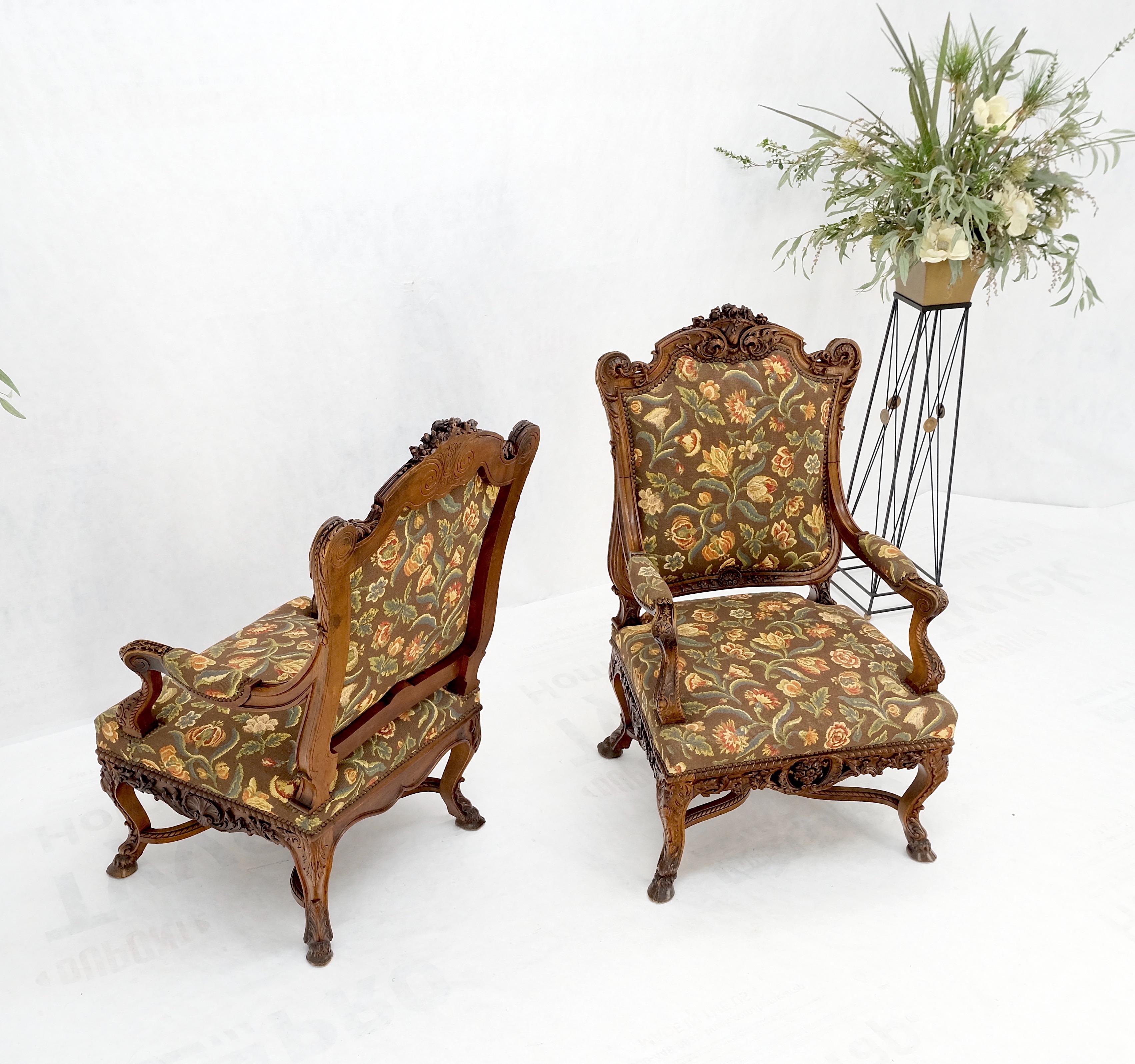 Pair Large Carved Oak Hoof Feet Needle Point Upholstery Arm Chairs Thrones Mint! For Sale 12