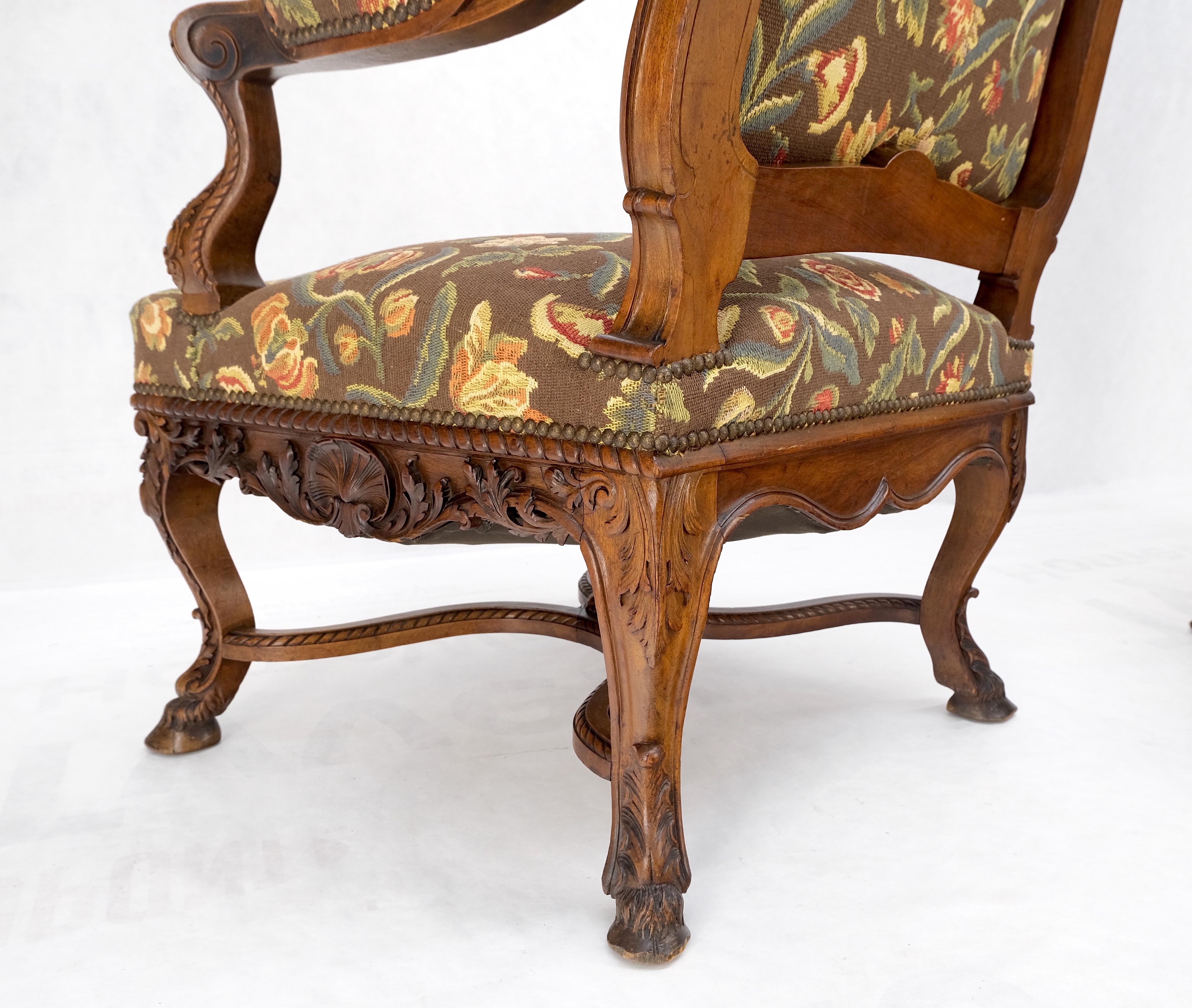 Regency Pair Large Carved Oak Hoof Feet Needle Point Upholstery Arm Chairs Thrones Mint! For Sale