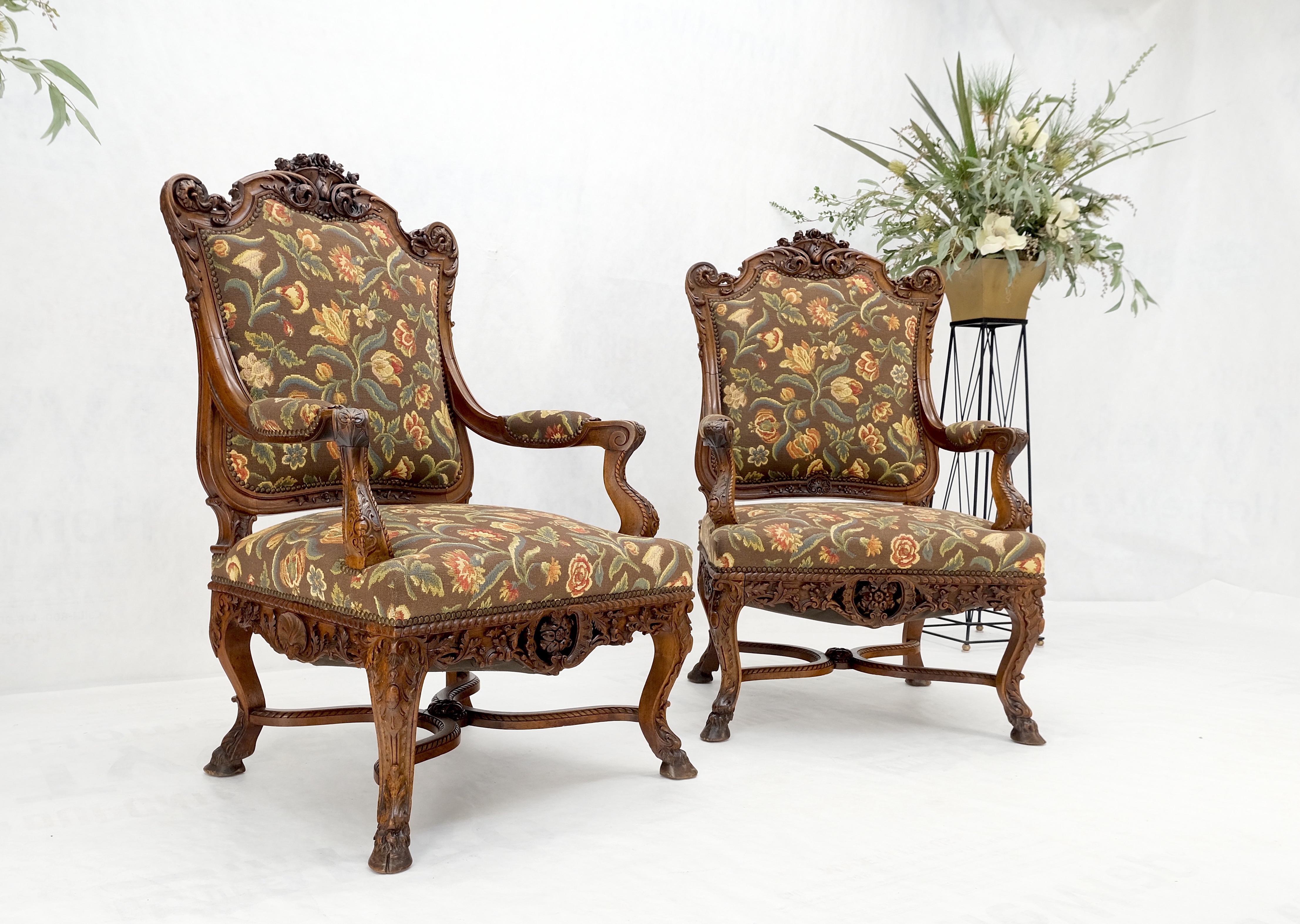 Pair Large Carved Oak Hoof Feet Needle Point Upholstery Arm Chairs Thrones Mint! In Good Condition For Sale In Rockaway, NJ