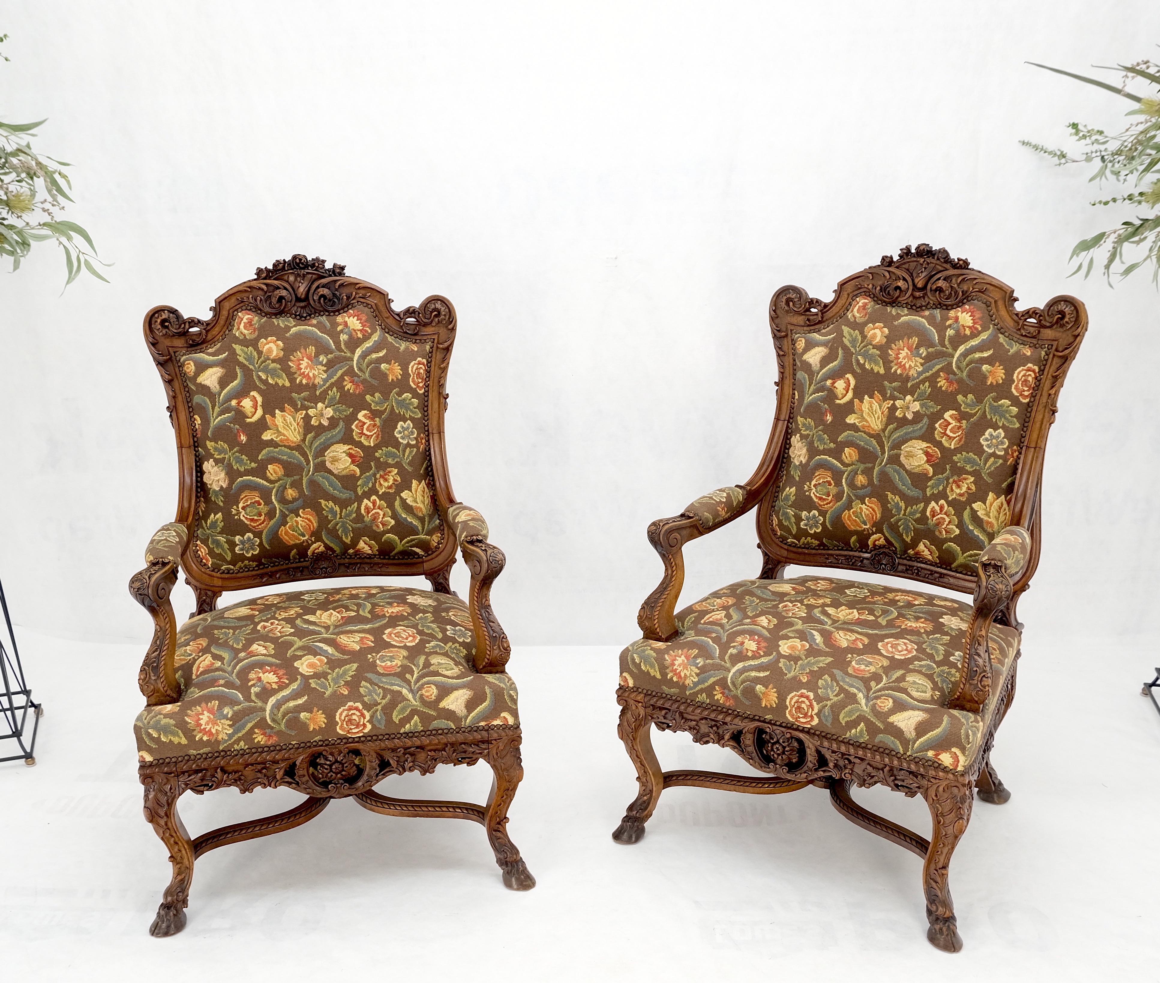 Pair Large Carved Oak Hoof Feet Needle Point Upholstery Arm Chairs Thrones Mint! For Sale 1