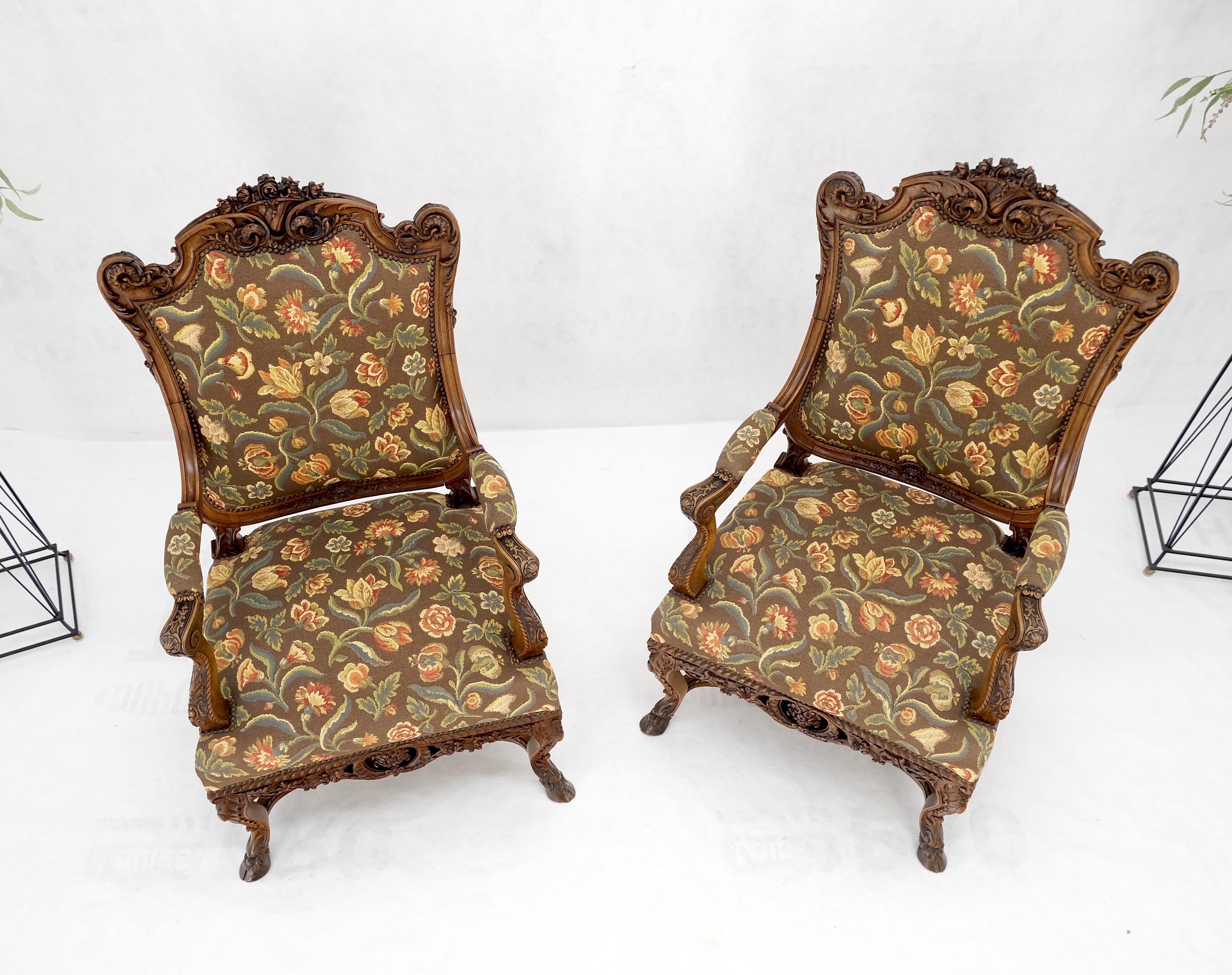 Pair Large Carved Oak Hoof Feet Needle Point Upholstery Arm Chairs Thrones Mint! For Sale 3